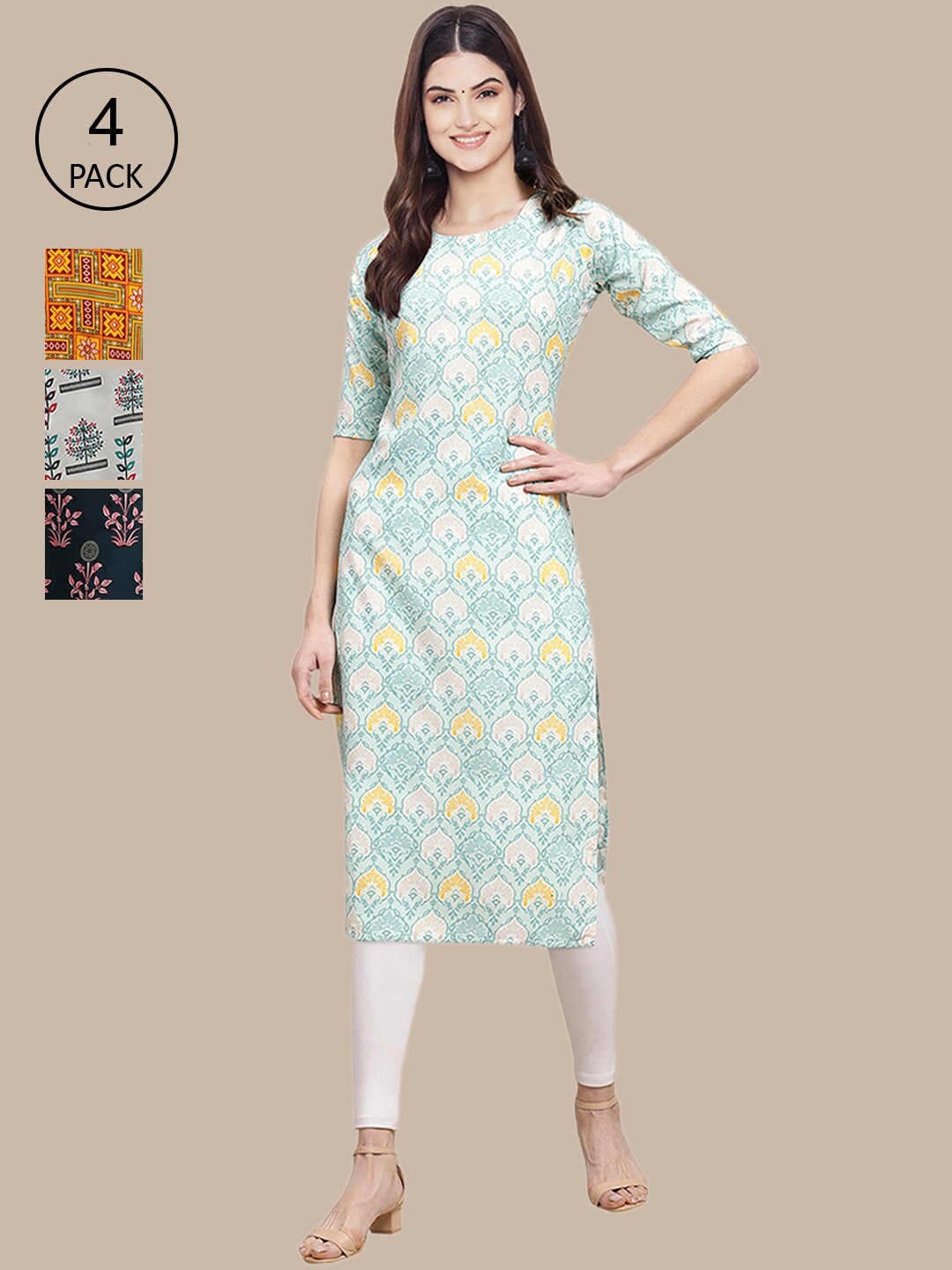

Ethnic basket Women Pack of 4 Turquoise Blue & Grey Printed Crepe Kurta