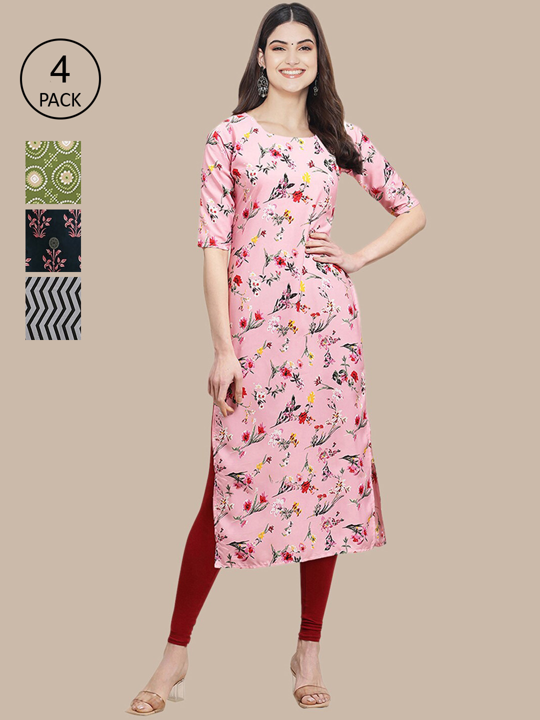 

Ethnic basket Women Pack of 4 Pink & Green Printed Crepe Kurta