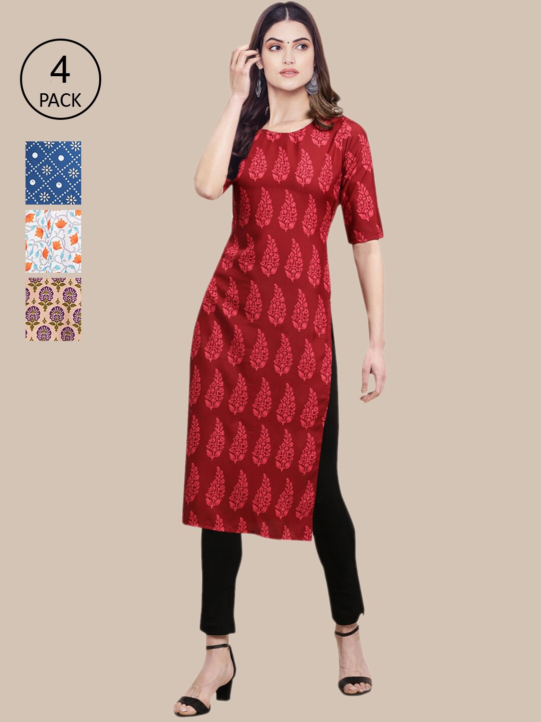 

Ethnic basket Set of 4 Stylish Women's Crepe Printed Block Print Straight Kurta, Multi