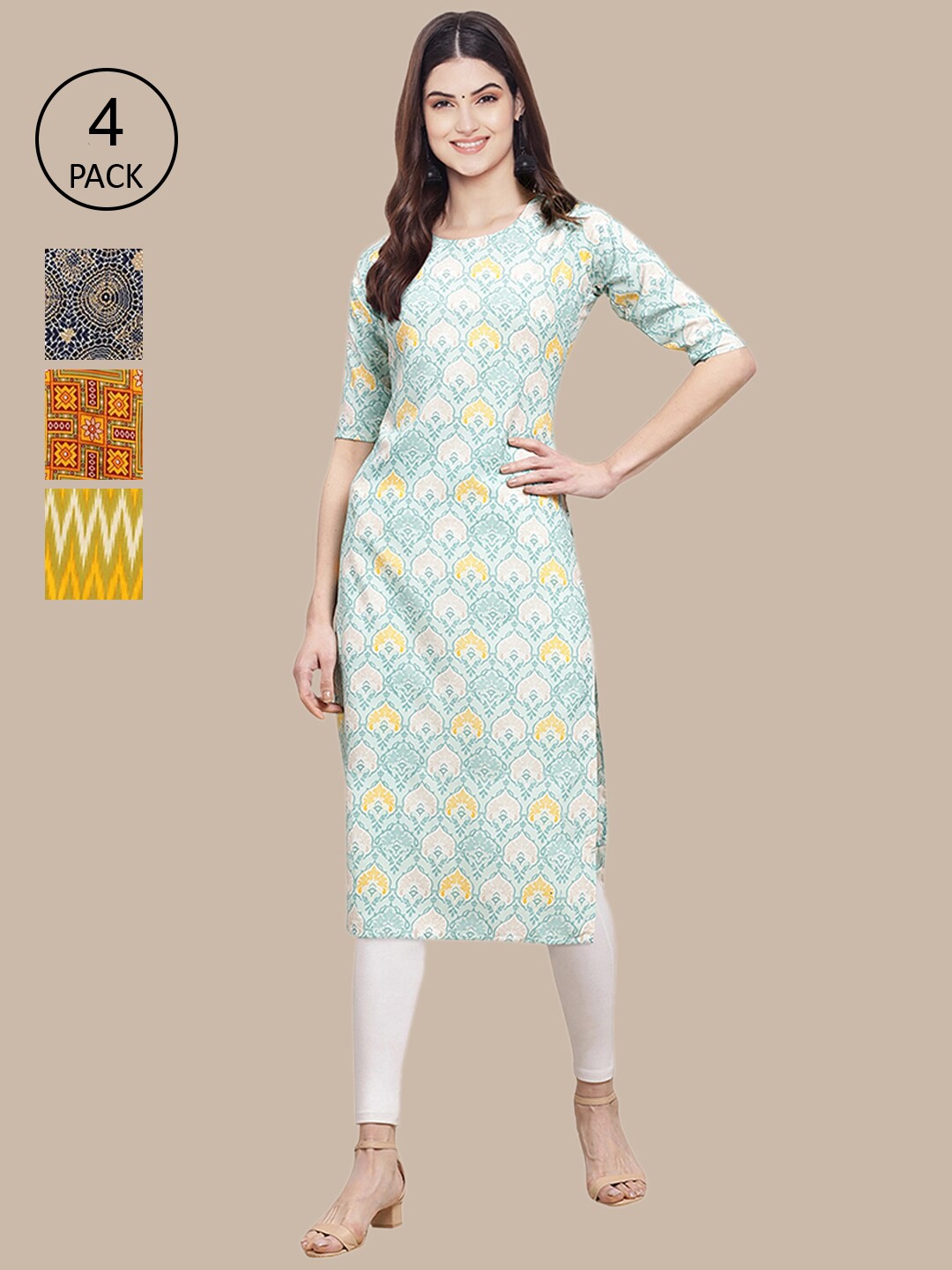 

Ethnic basket Set of 4 Stylish Women's Crepe Printed Block Print Straight Kurta, Multi