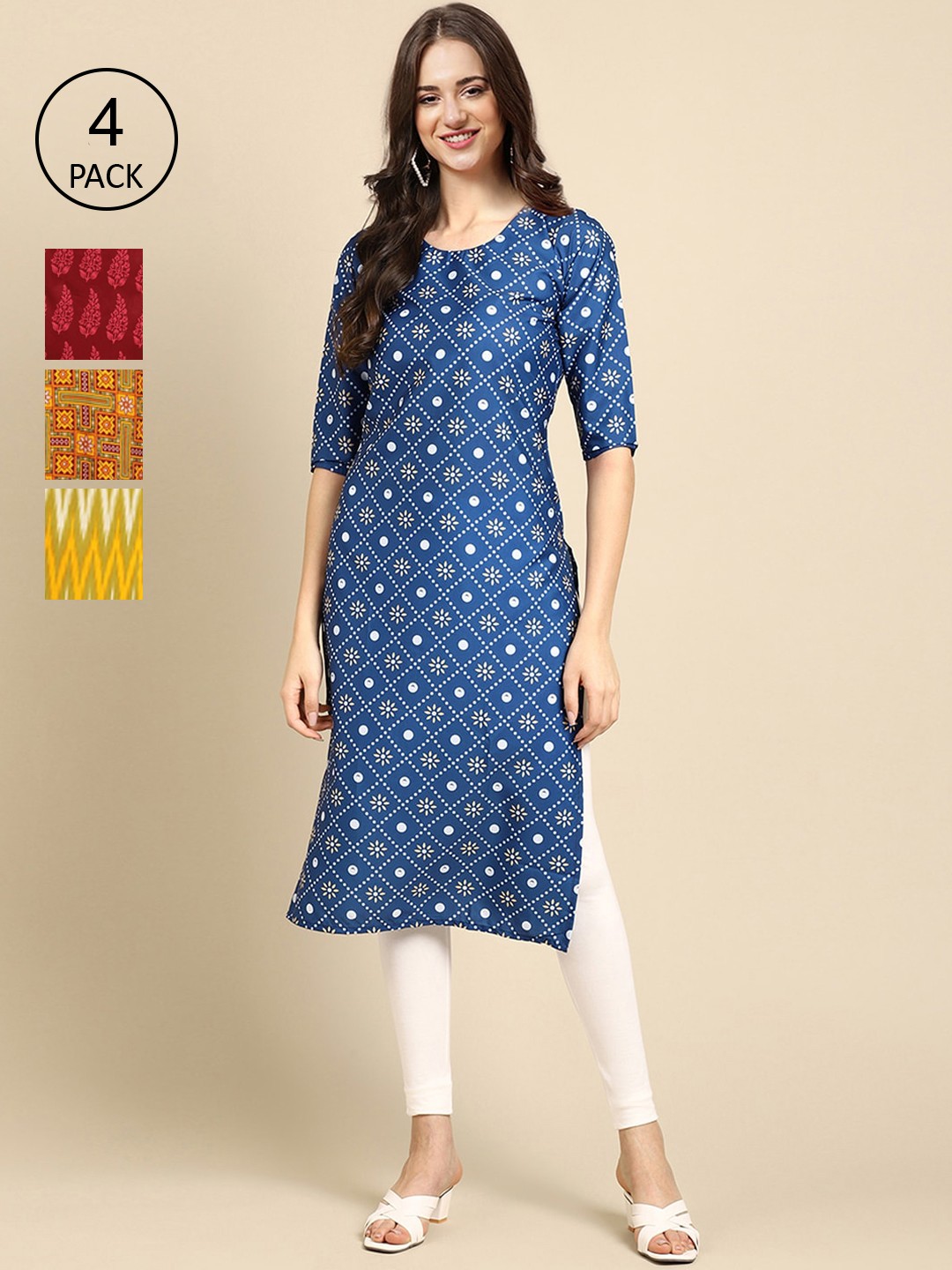 

Ethnic basket Set of 4 Stylish Women's Crepe Printed Block Print Straight Kurta, Multi