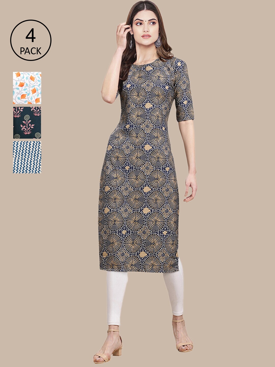 

Ethnic basket Set of 4 Stylish Women's Crepe Printed Block Print Straight Kurta, Multi