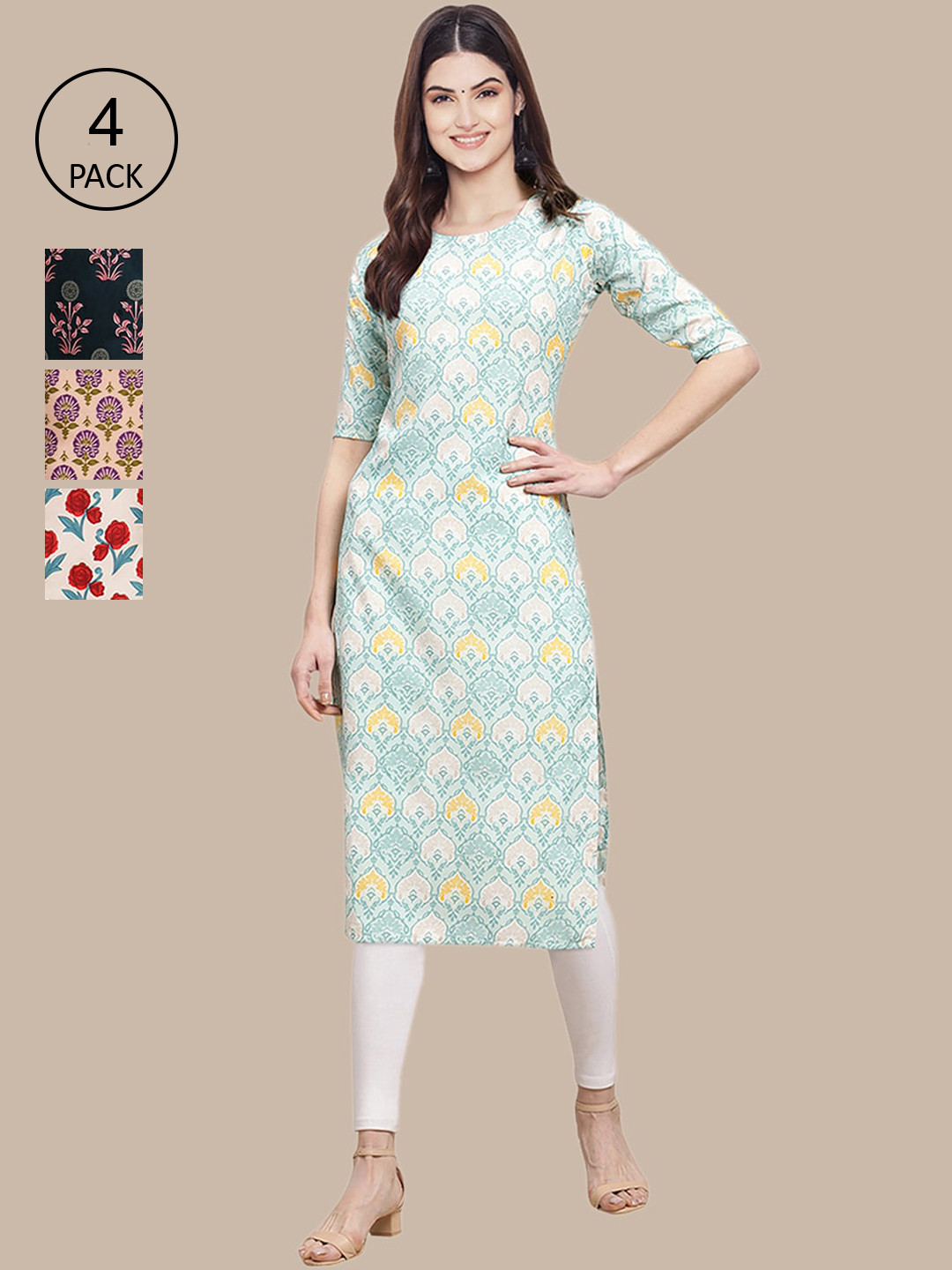

Ethnic basket Set of 4 Stylish Women's Crepe Printed Block Print Straight Kurta, Multi