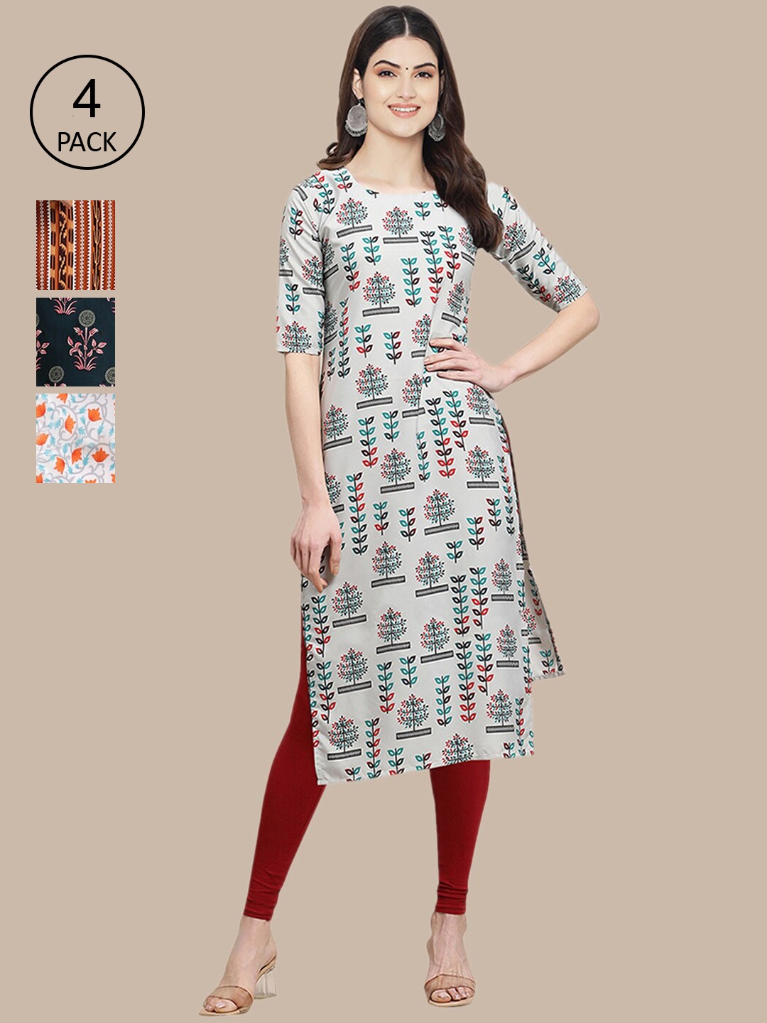 

Ethnic basket Set of 4 Stylish Women's Crepe Printed Block Print Straight Kurta, Multi