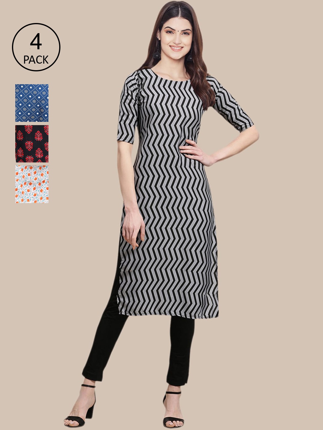 Ethnic basket Set of 4 Stylish Women's Crepe Printed Block Print Straight Kurta, Multi