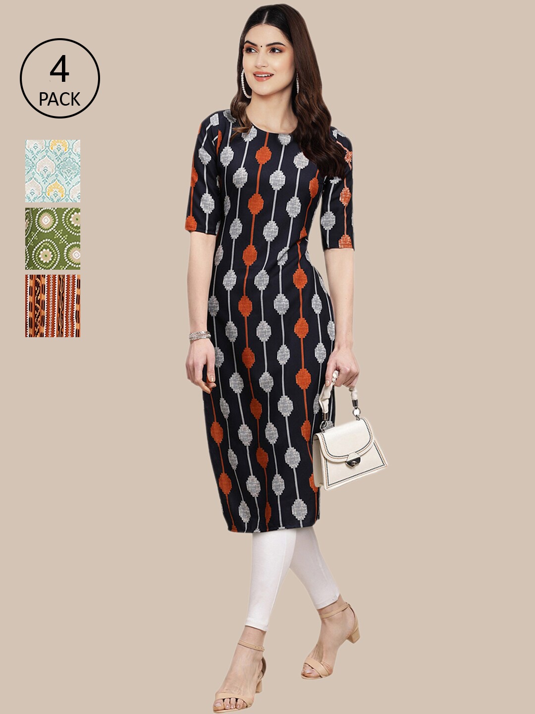 

Ethnic basket Set of 4 Stylish Women's Crepe Printed Block Print Straight Kurta, Multi