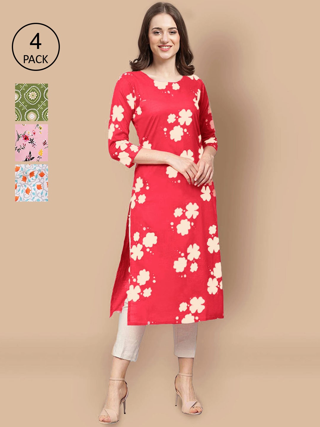 

Ethnic basket Women Pack of 4 Printed Crepe Straight Kurtas, Red