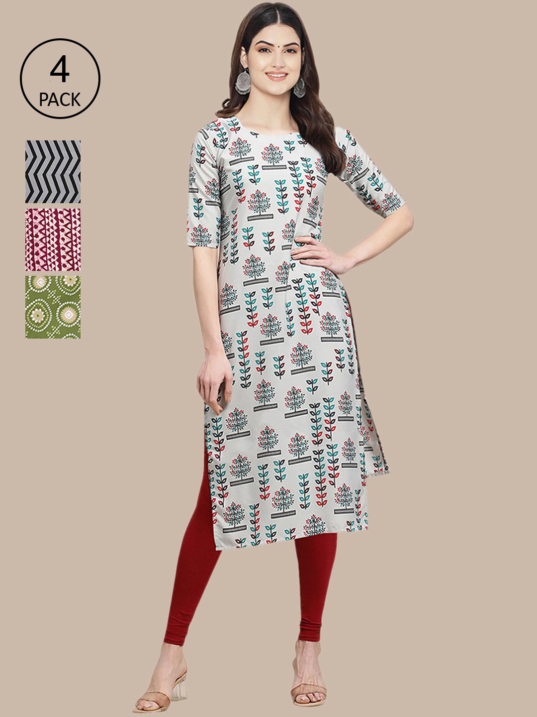 

Ethnic basket Women Pack of 4 Printed Crepe Straight Kurtas, Black