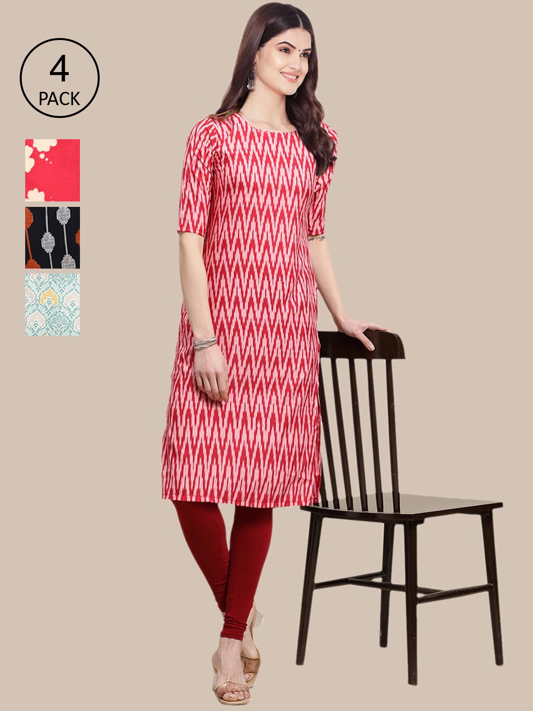

Ethnic basket Women Pack of 4 Printed Crepe Straight Kurtas, Red