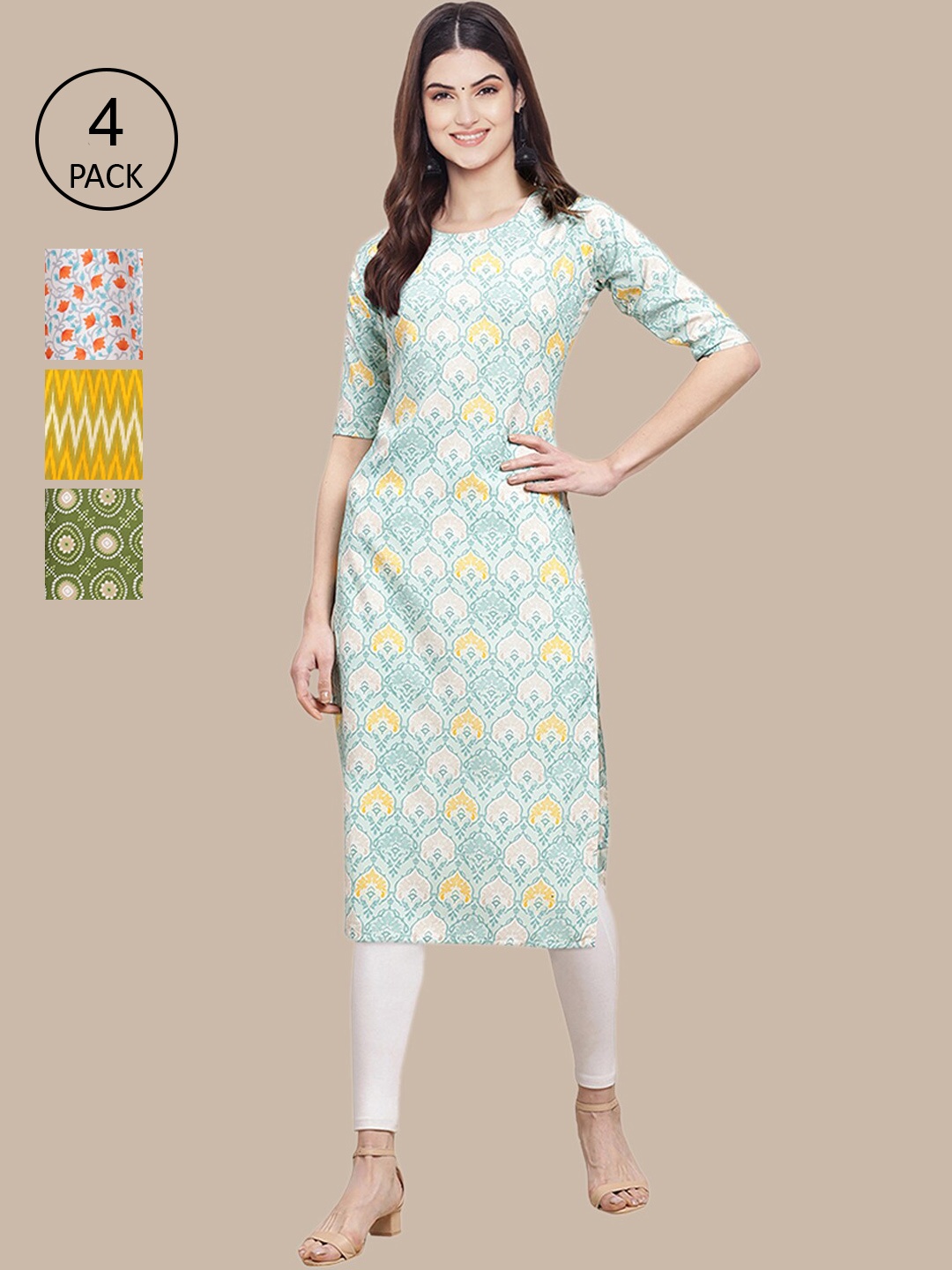 

Ethnic basket Women Pack of 4 Printed Crepe Straight Kurtas, Yellow