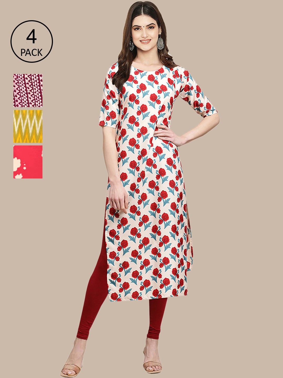 

Ethnic basket Women Pack of 4 Printed Crepe Straight Kurtas, Maroon