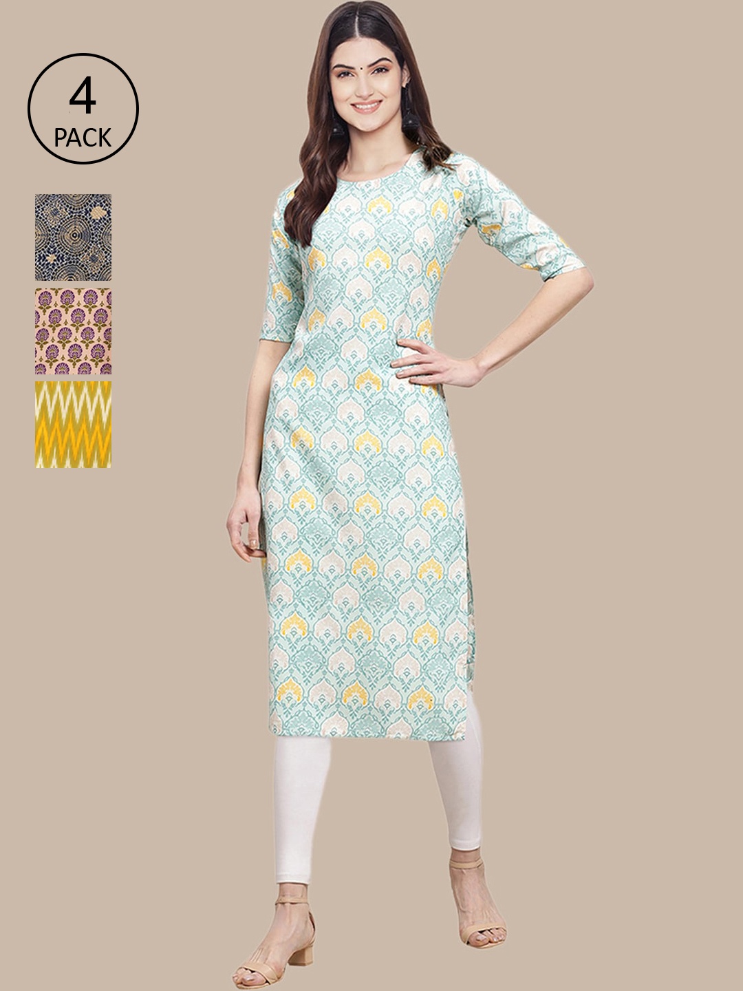

Ethnic basket Women Pack of 4 Printed Crepe Straight Kurtas, Yellow