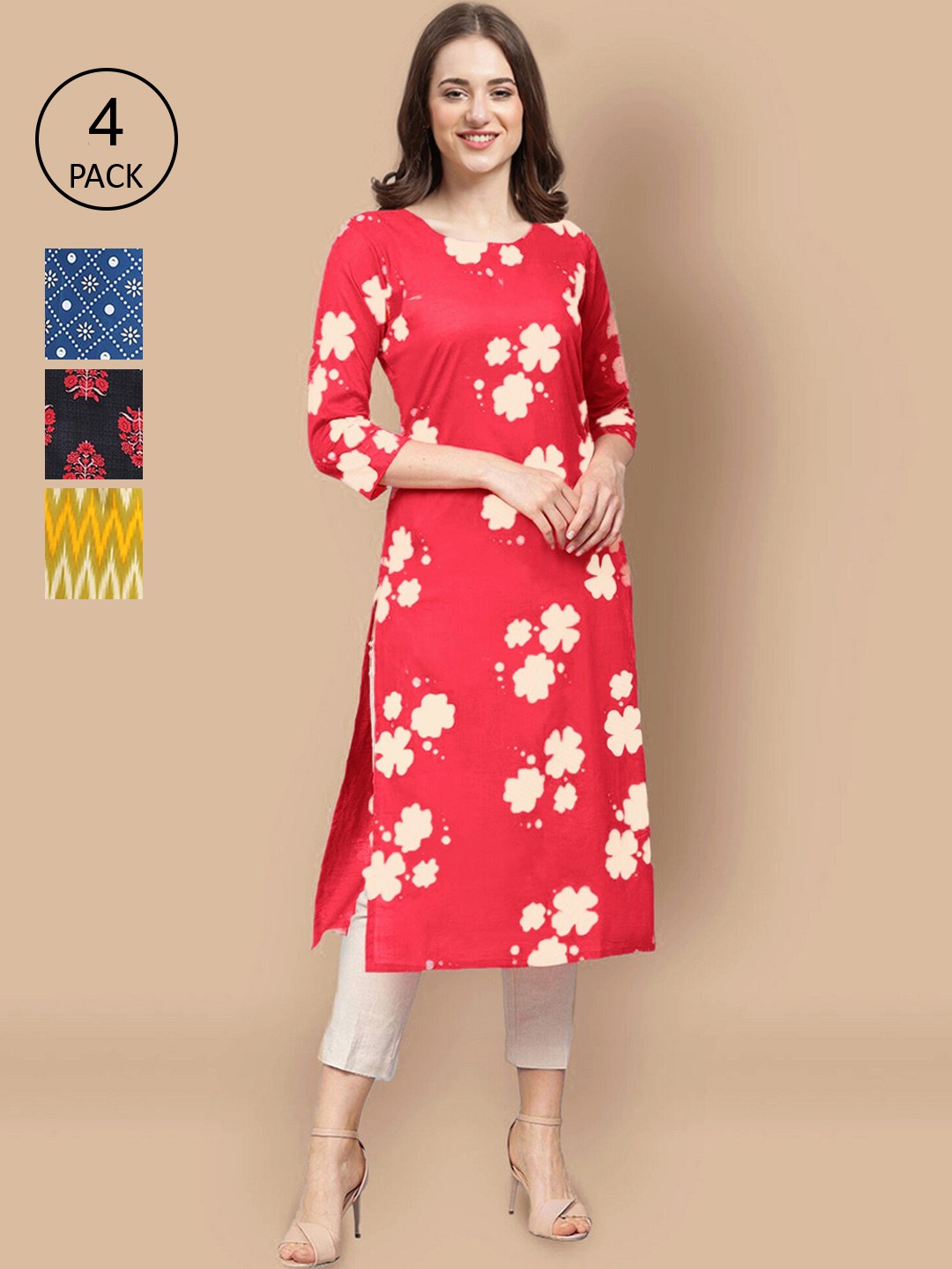 

Ethnic basket Women Pack of 4 Printed Crepe Straight Kurtas, Red