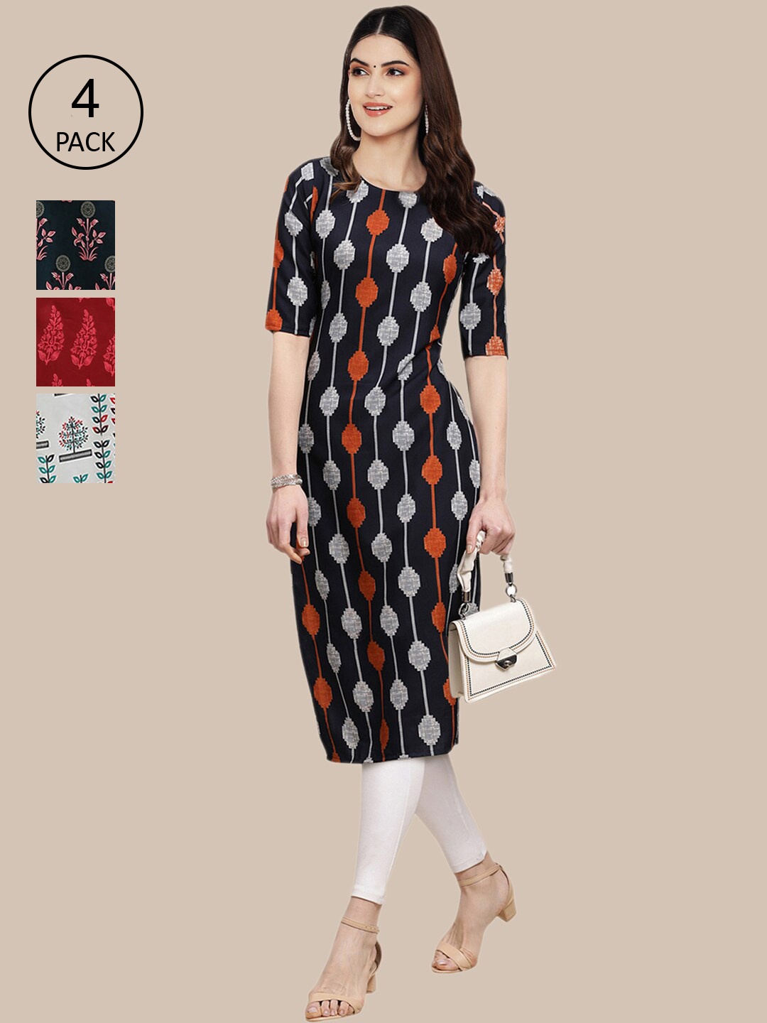 

Ethnic basket Women Pack of 4 Printed Crepe Straight Kurtas, Black