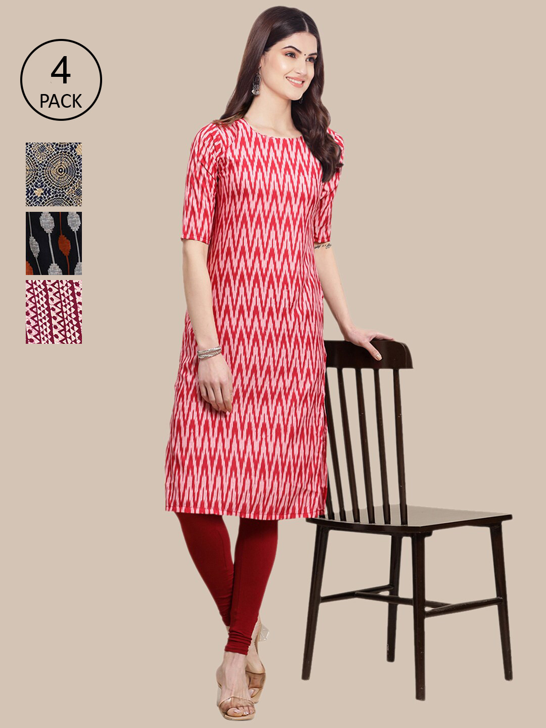 

Ethnic basket Women Black & Red Pack Of 4 Geometric Printed Block Print Crepe Kurta