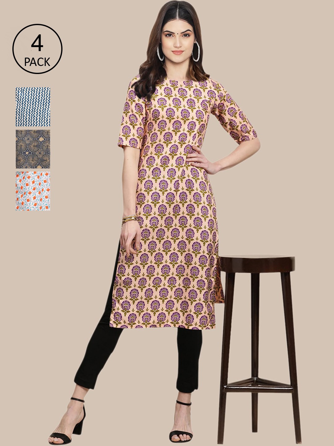 

Ethnic basket Women Blue & White Pack Of 4 Floral Printed Block Print Crepe Kurta
