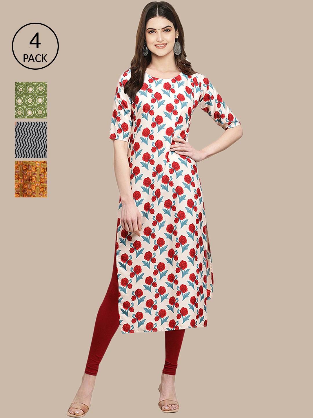 

Ethnic basket Women Green & Grey Geometric Printed Block Print Crepe Kurta