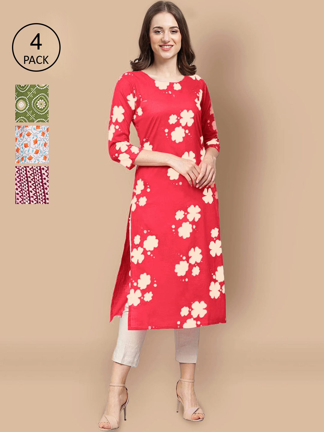 

Ethnic basket Women Coral & Green Pack Of 4 Floral Printed Block Print Crepe Kurta