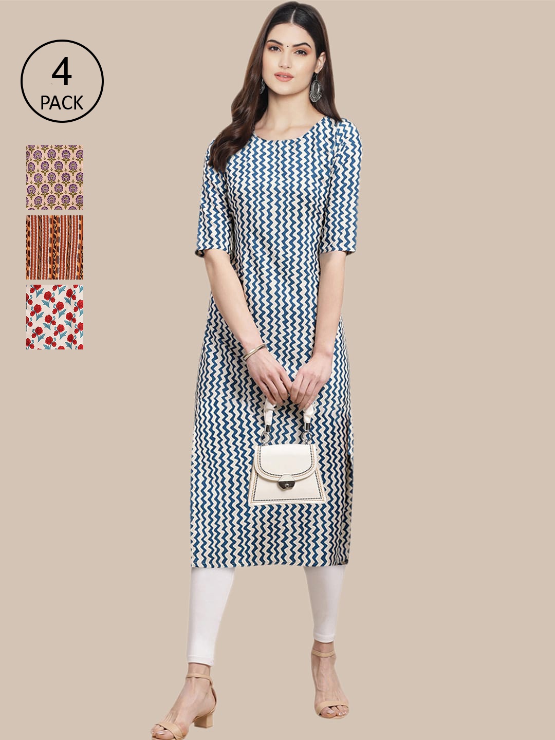 

Ethnic basket Women Blue & Brown Pack Of 4 Geometric Printed Block Print Crepe Kurta