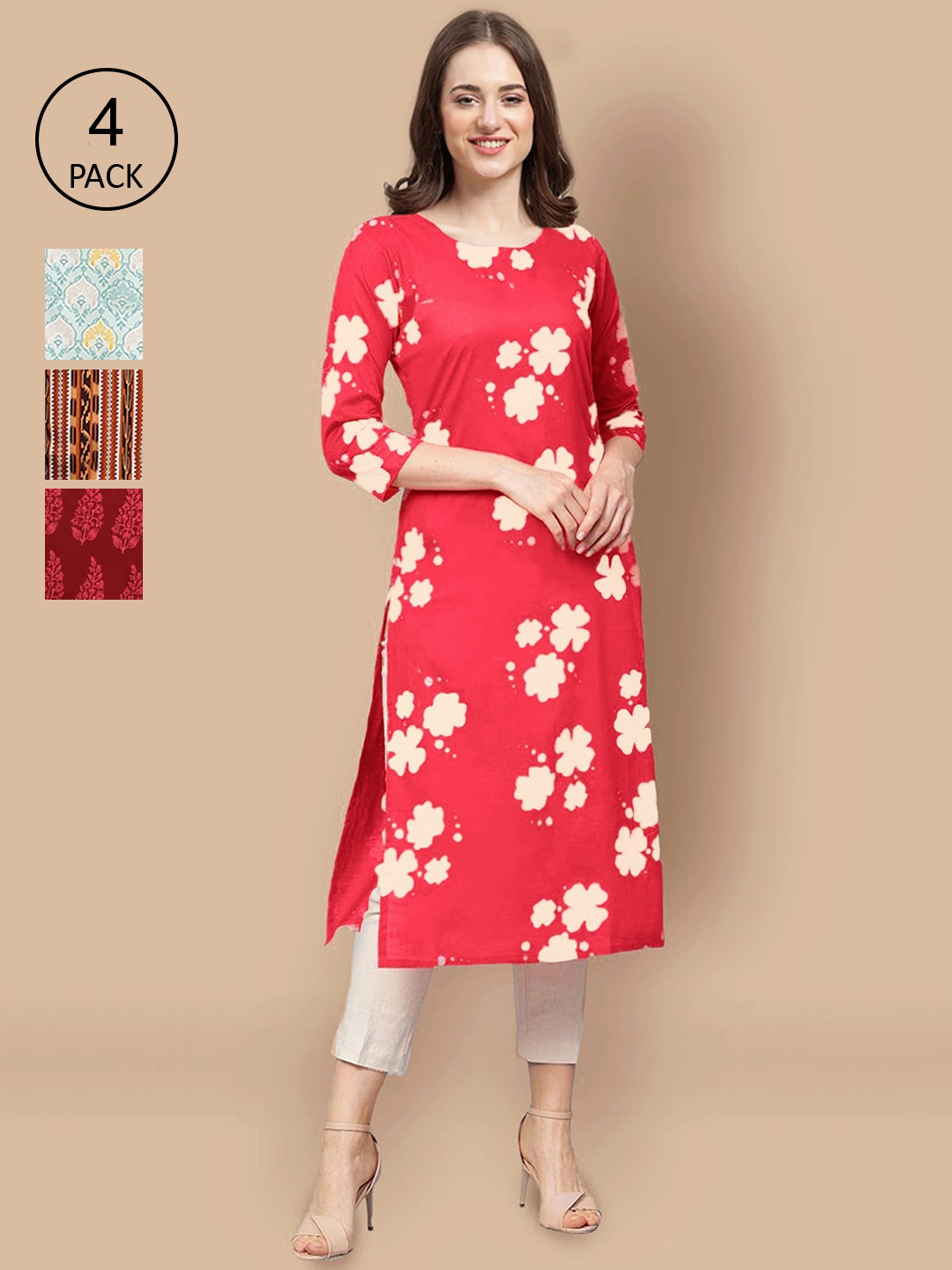 

Ethnic basket Women Red & White Pack Of 4 Floral Printed Block Print Crepe Kurta