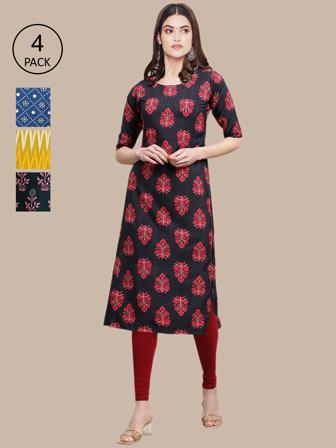 

Ethnic basket Women Red & Blue Pack Of 4 Floral Printed Block Print Crepe Kurta