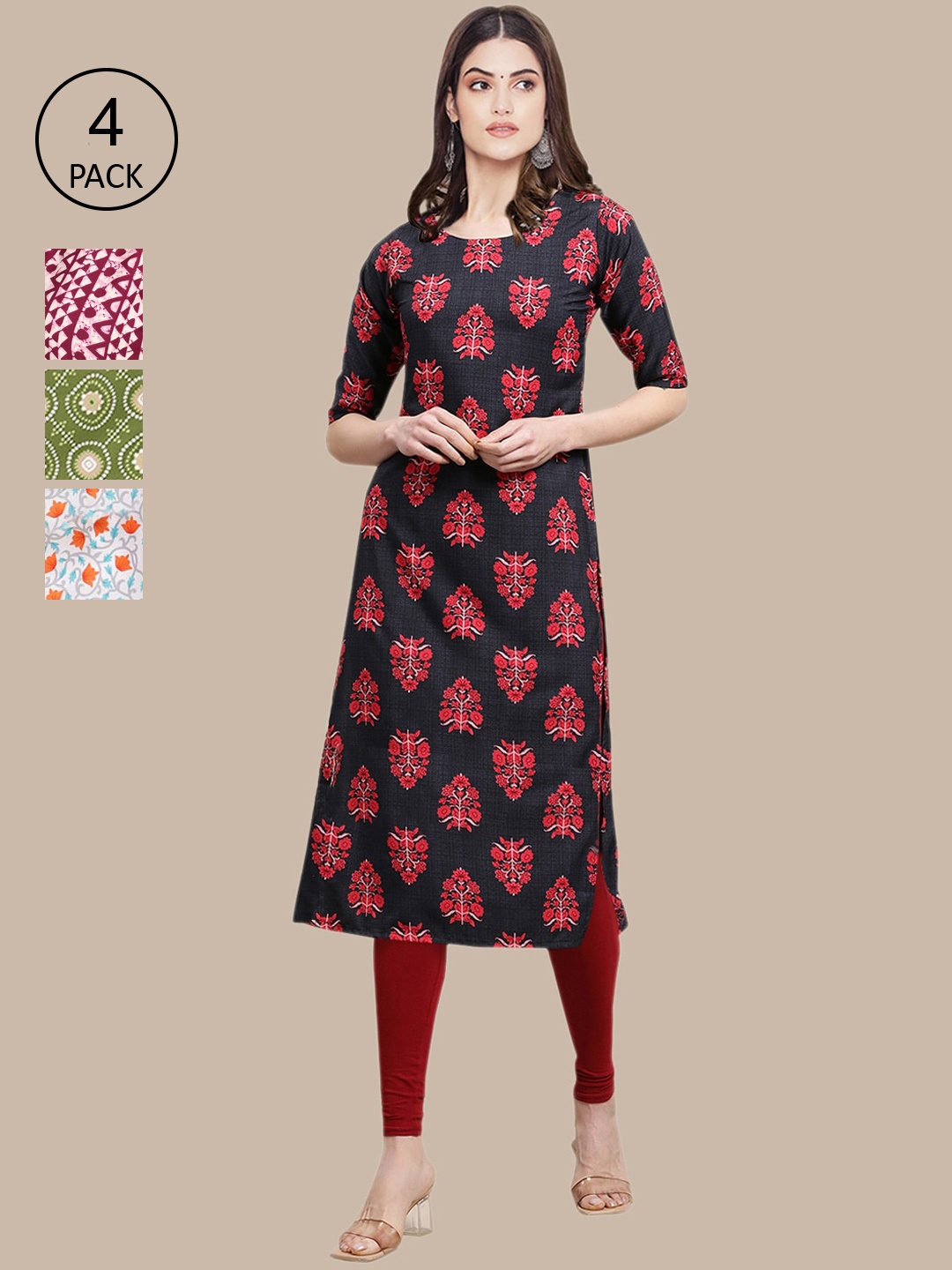 

Ethnic basket Women Black & Red Pack Of 4 Floral Printed Block Print Crepe Kurta