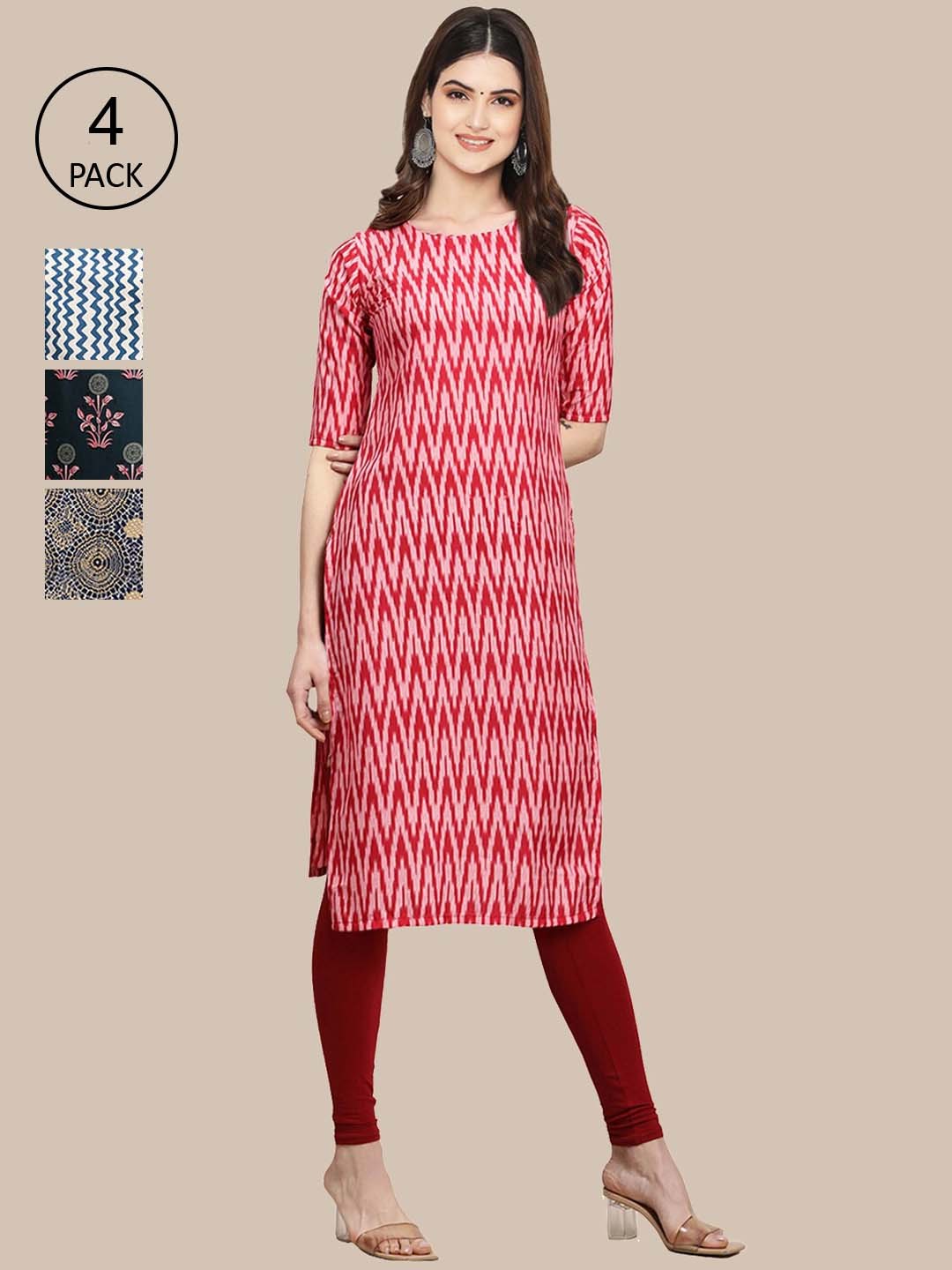 

Ethnic basket Women Red & Blue Pack Of 4 Floral Printed Block Print Crepe Kurta
