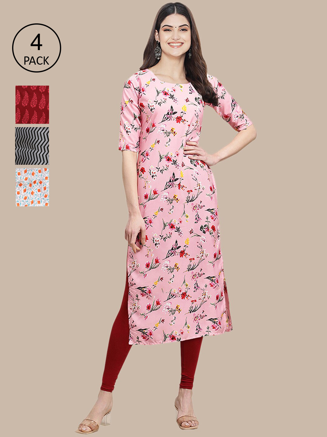 

Ethnic basket Women Red & White Pack Of 4 Floral Printed Block Print Crepe Kurta