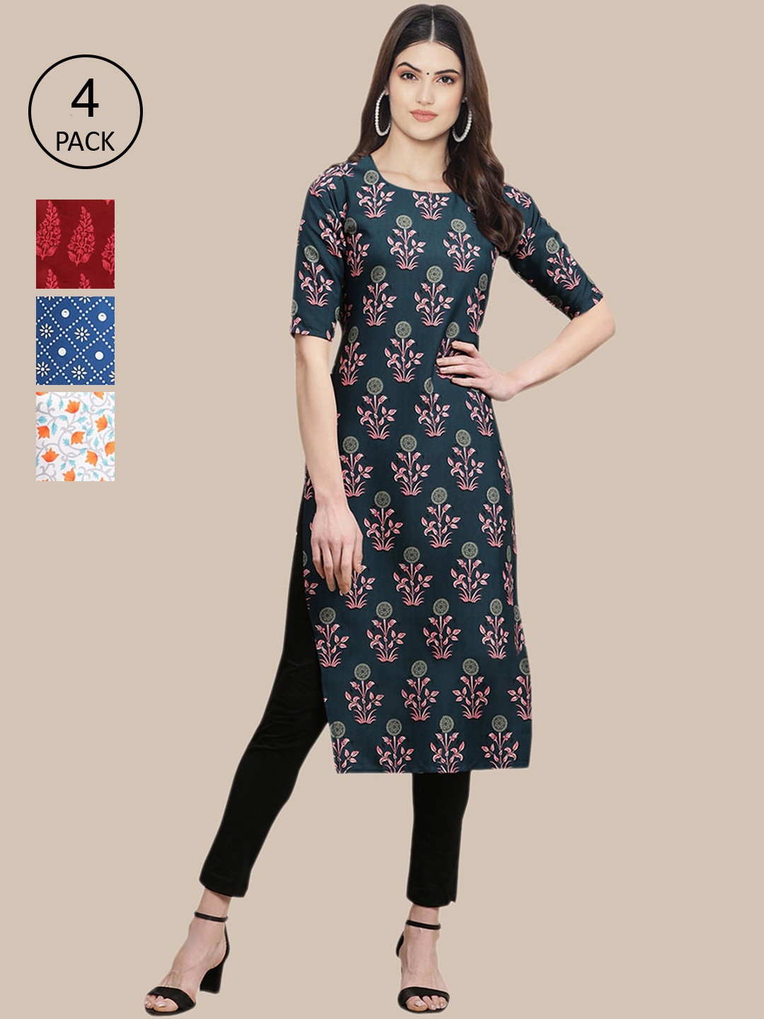 

Ethnic basket Women Blue & Red Pack Of 4 Floral Printed Block Print Crepe Kurta