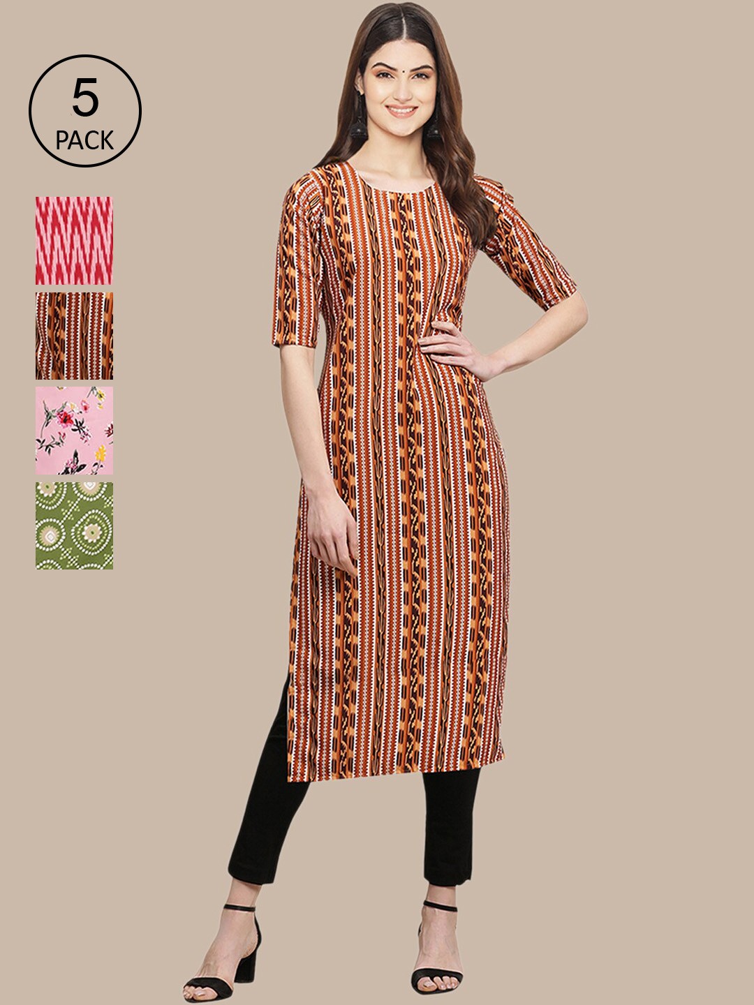 

Ethnic basket Women Brown & Pink Pack Of 5 Floral Printed Block Print Crepe Kurta