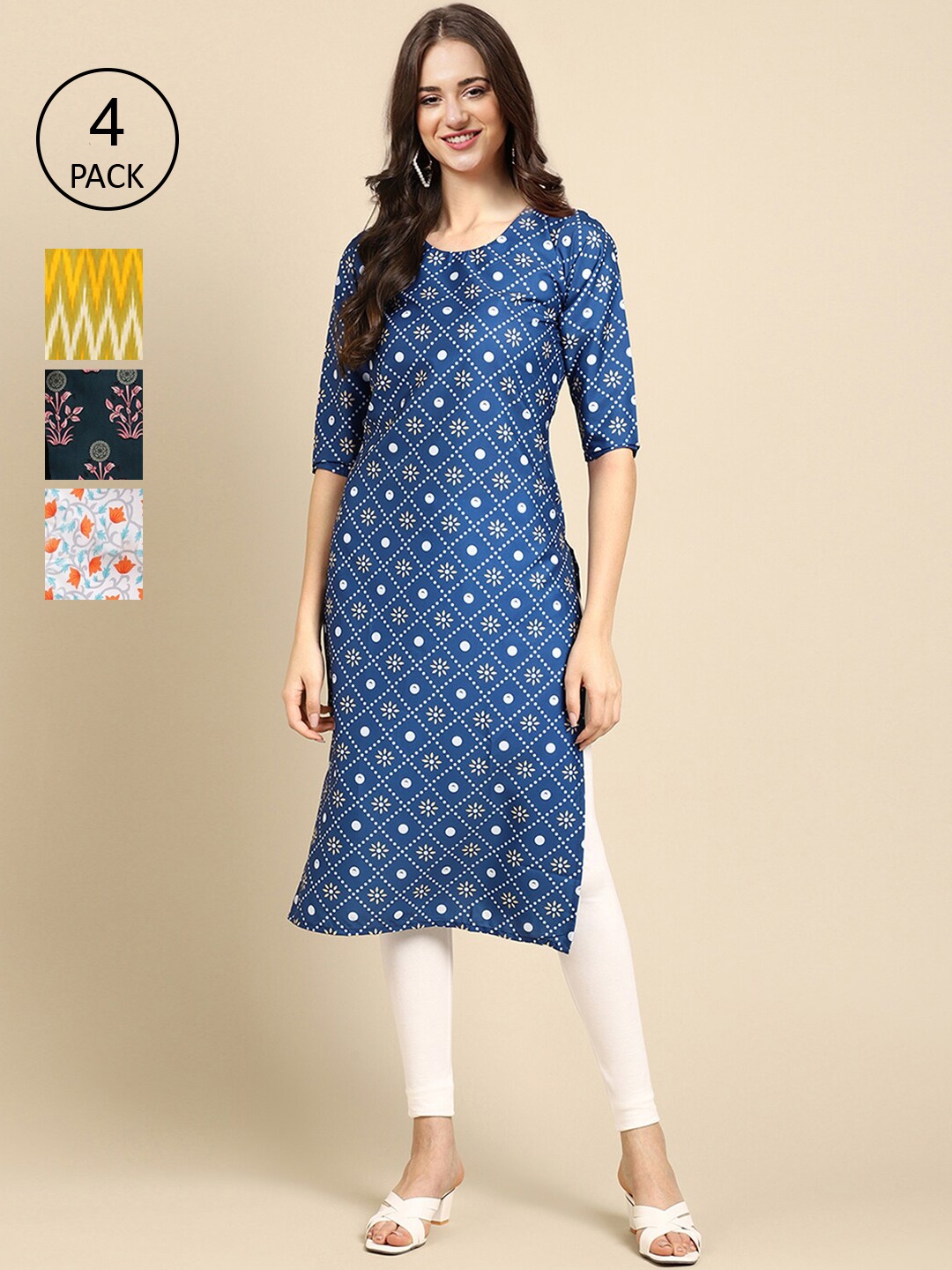 

Ethnic basket Women Yellow & Blue Pack Of 4 Floral Printed Block Print Crepe Kurta