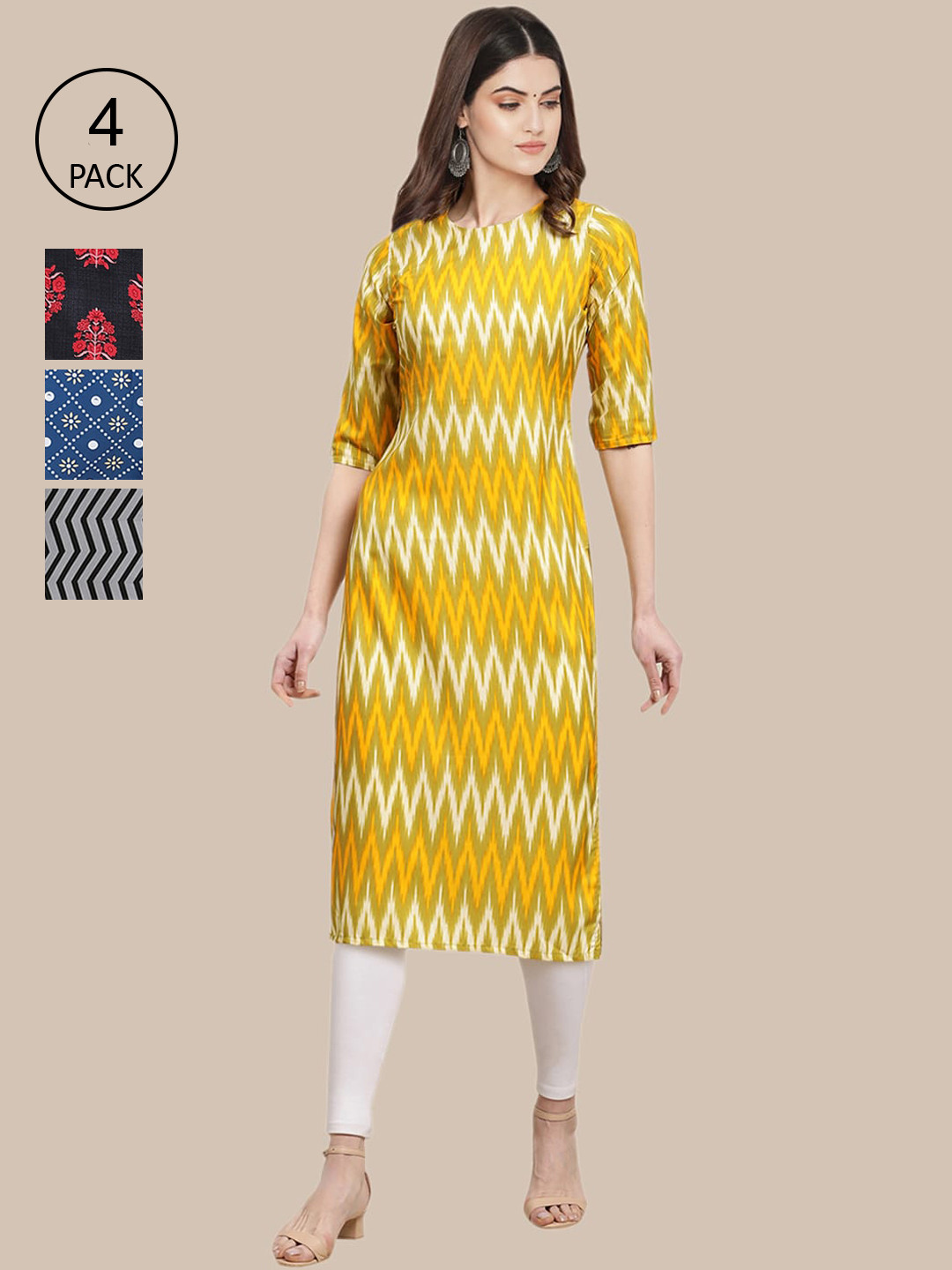 

Ethnic basket Women Black & Blue Pack Of 4 Geometric Printed Block Print Crepe Kurta