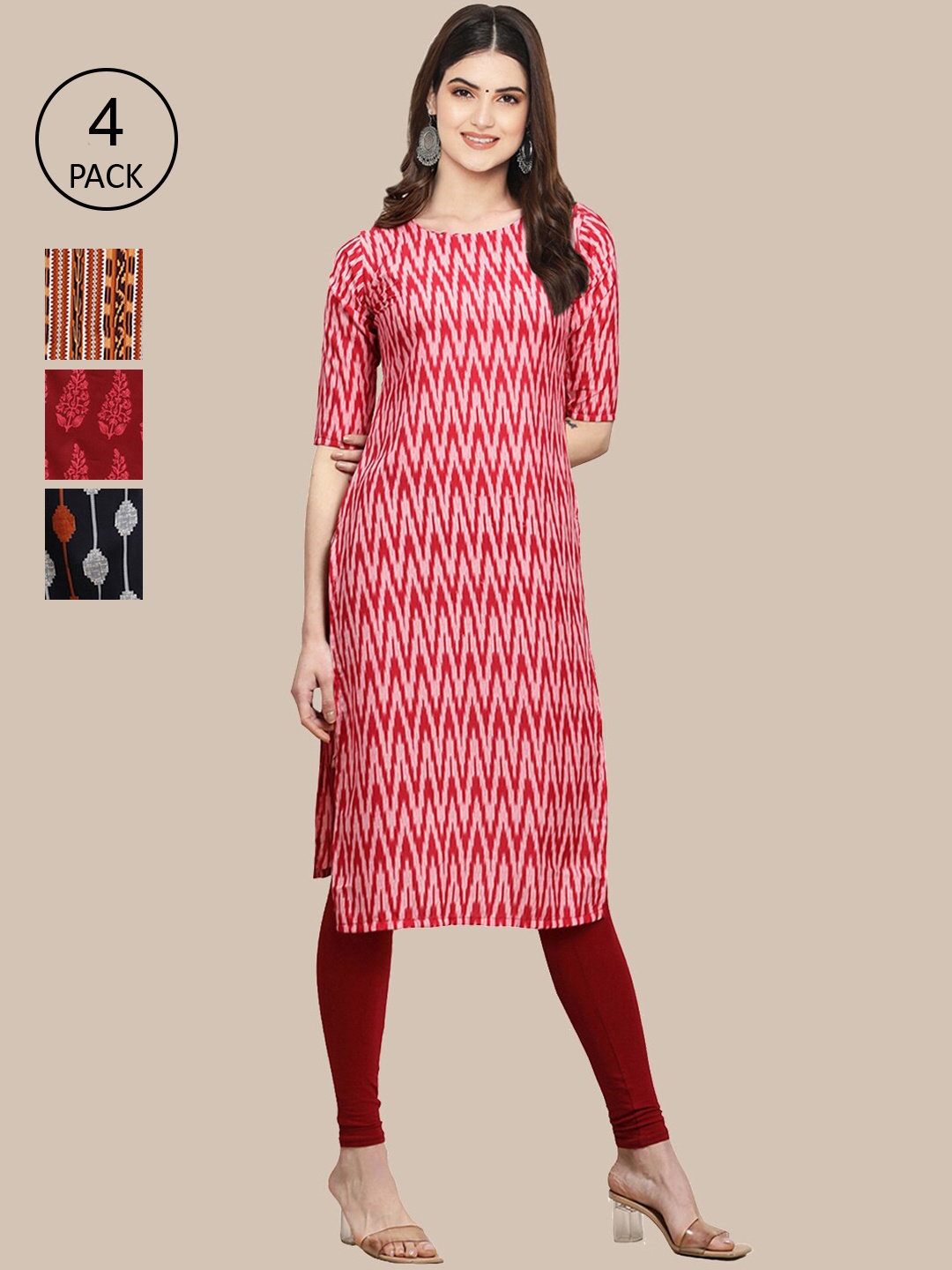 

Ethnic basket Women Pink & Red Pack Of 4 Geometric Printed Block Print Crepe Kurta