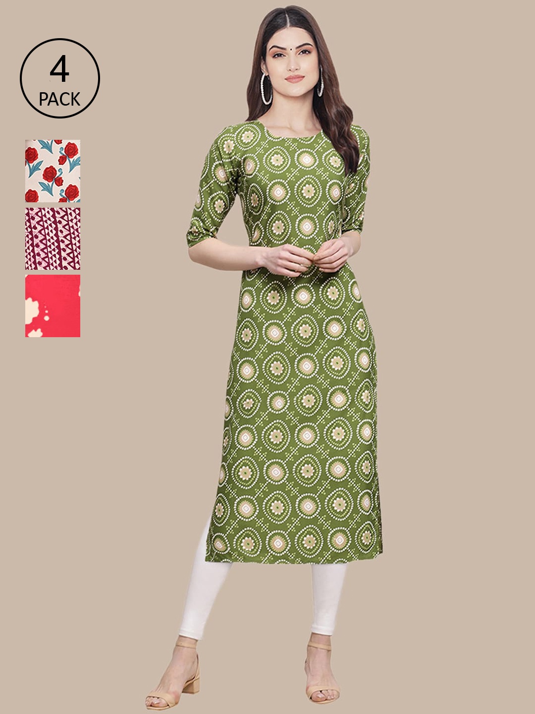 

Ethnic basket Women Pack of 4 Green & Beige Quirky Printed Block Print Crepe Kurta