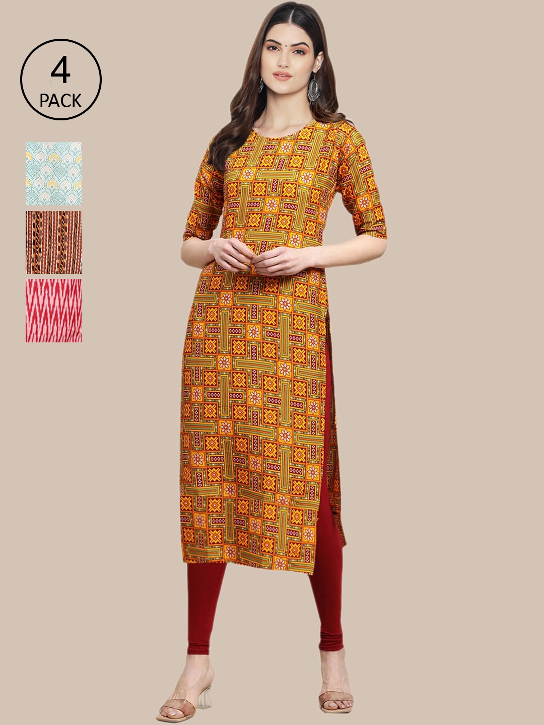 

Ethnic basket Women Pack of 4 Brown & Red Geometric Printed Crepe Kurta