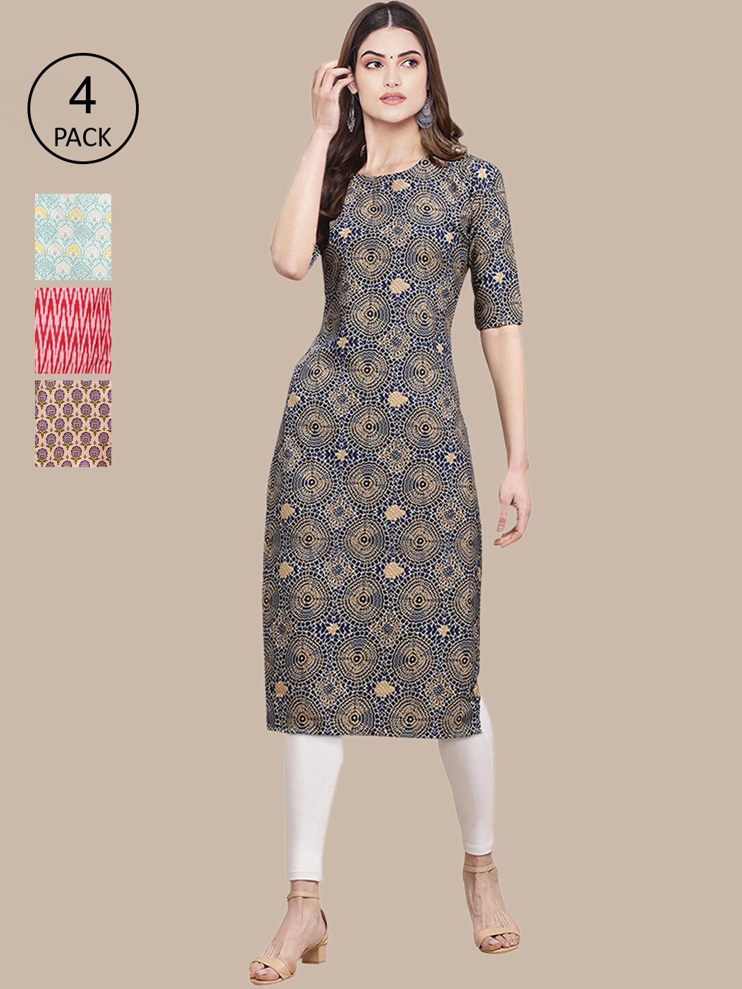 

Ethnic basket Women Pack of 4 Beige & Red Ethnic Motifs Printed Block Print Crepe Kurta