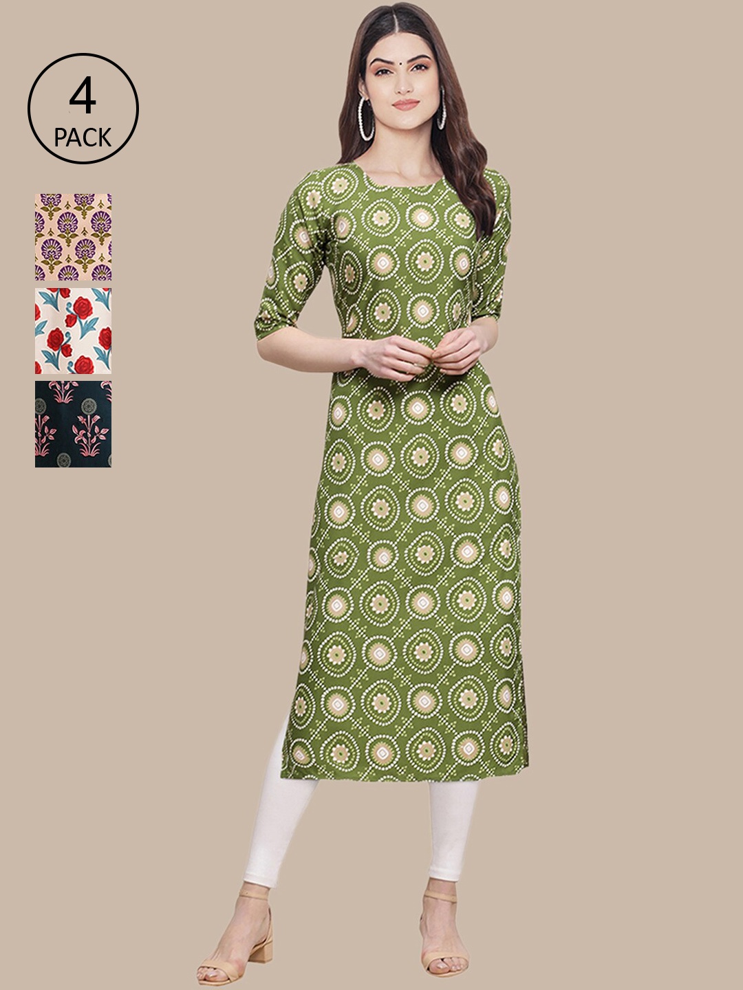 

Ethnic basket Women Pack of 4 Beige & Green Floral Printed Crepe Kurta