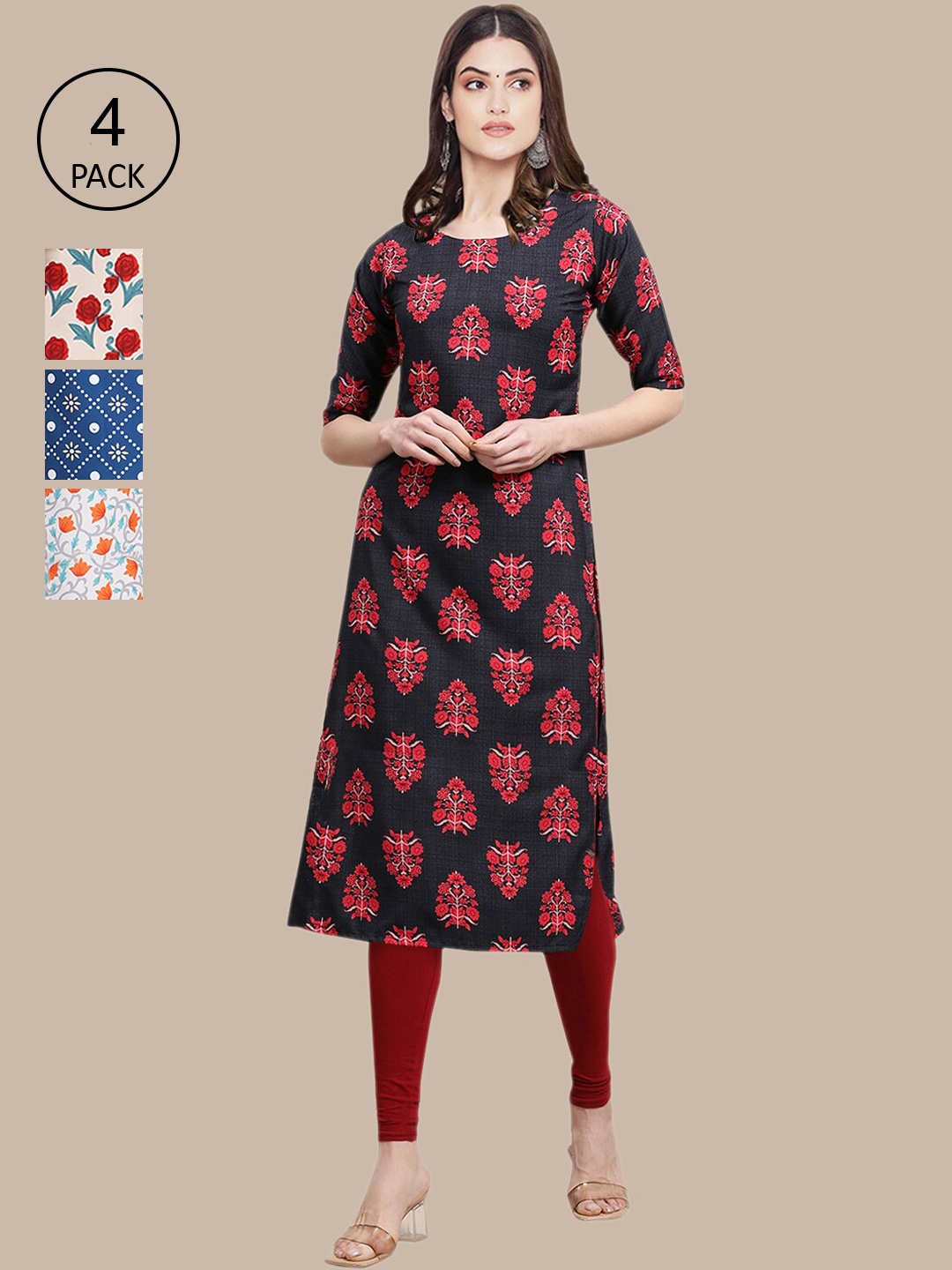 

Ethnic basket Women Pack of 4 Black & Blue Ethnic Motifs Printed Crepe Kurta