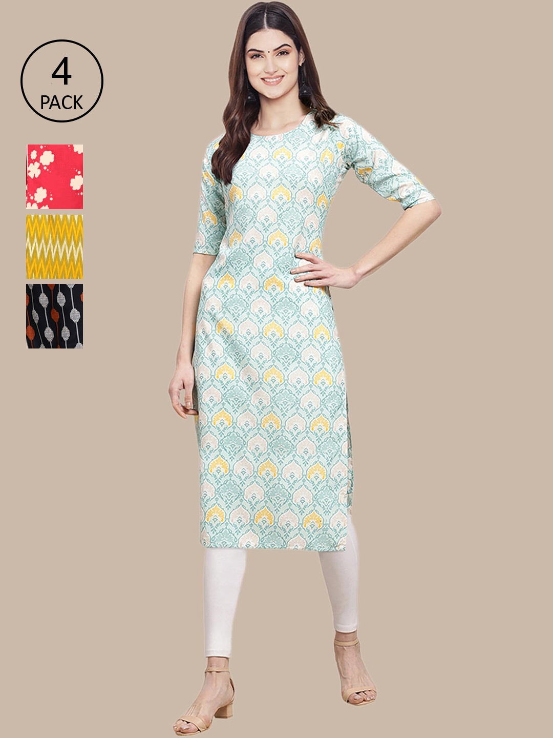 

Ethnic basket Women Pack of 4 Mustard Yellow & Red Floral Printed Crepe Kurta