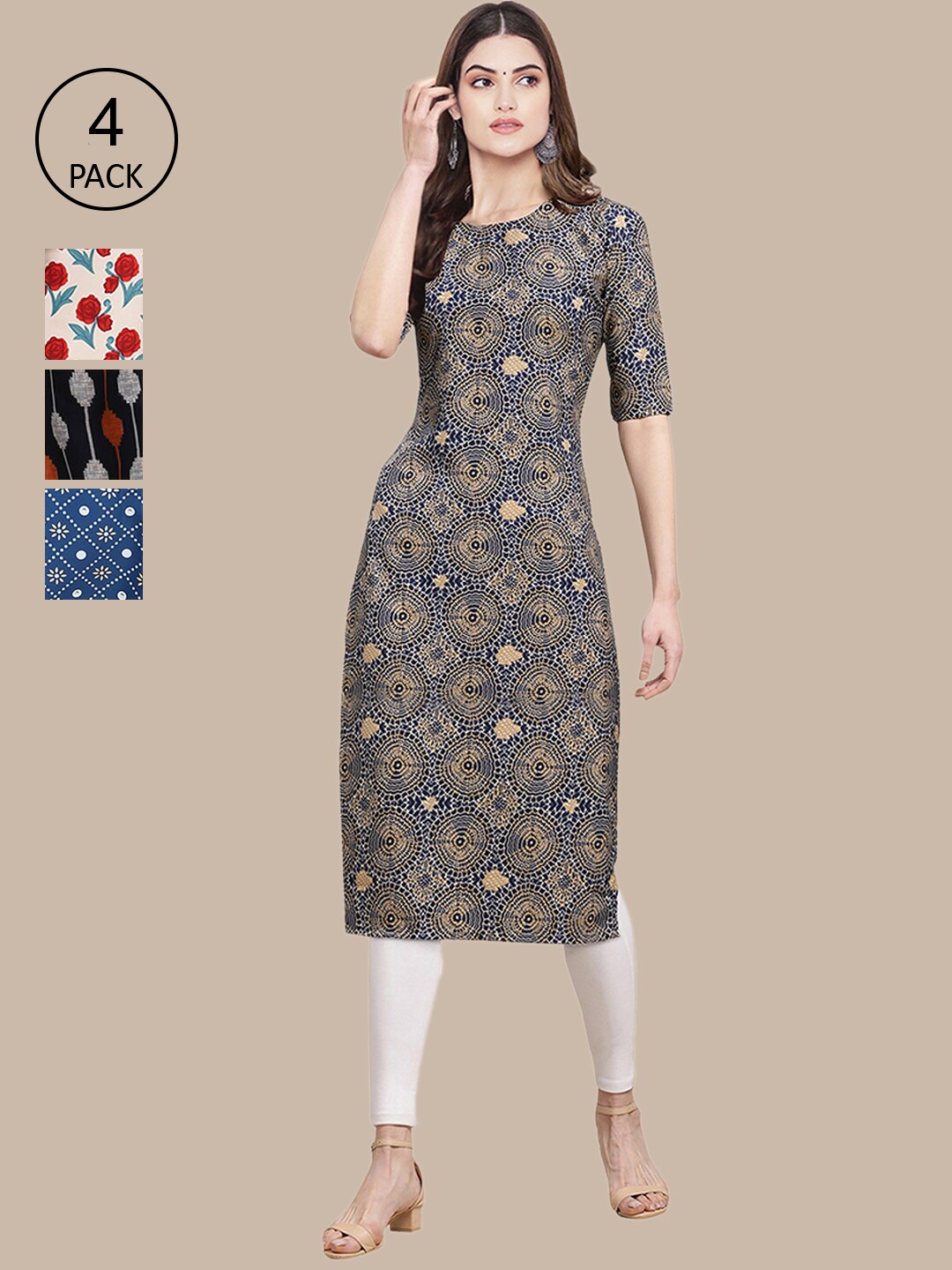 

Ethnic basket Women Pack of 4 Beige & Blue Floral Printed Crepe Kurta
