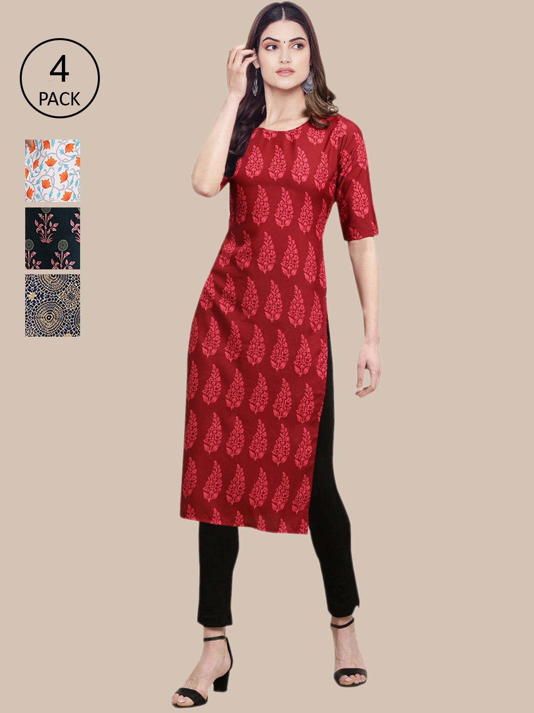 

Ethnic basket Women Pack of 4 Red & Green Ethnic Motifs Block Print Crepe Kurta