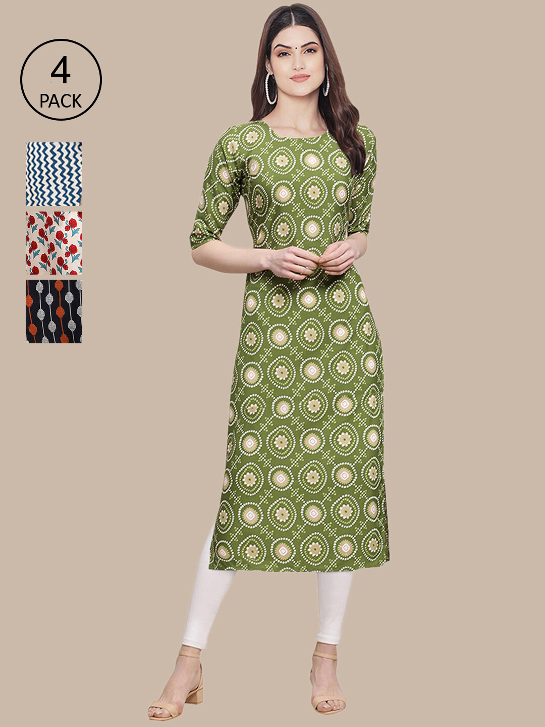 

Ethnic basket Women Pack of 4 Green & Black Geometric Block Print Crepe Kurta