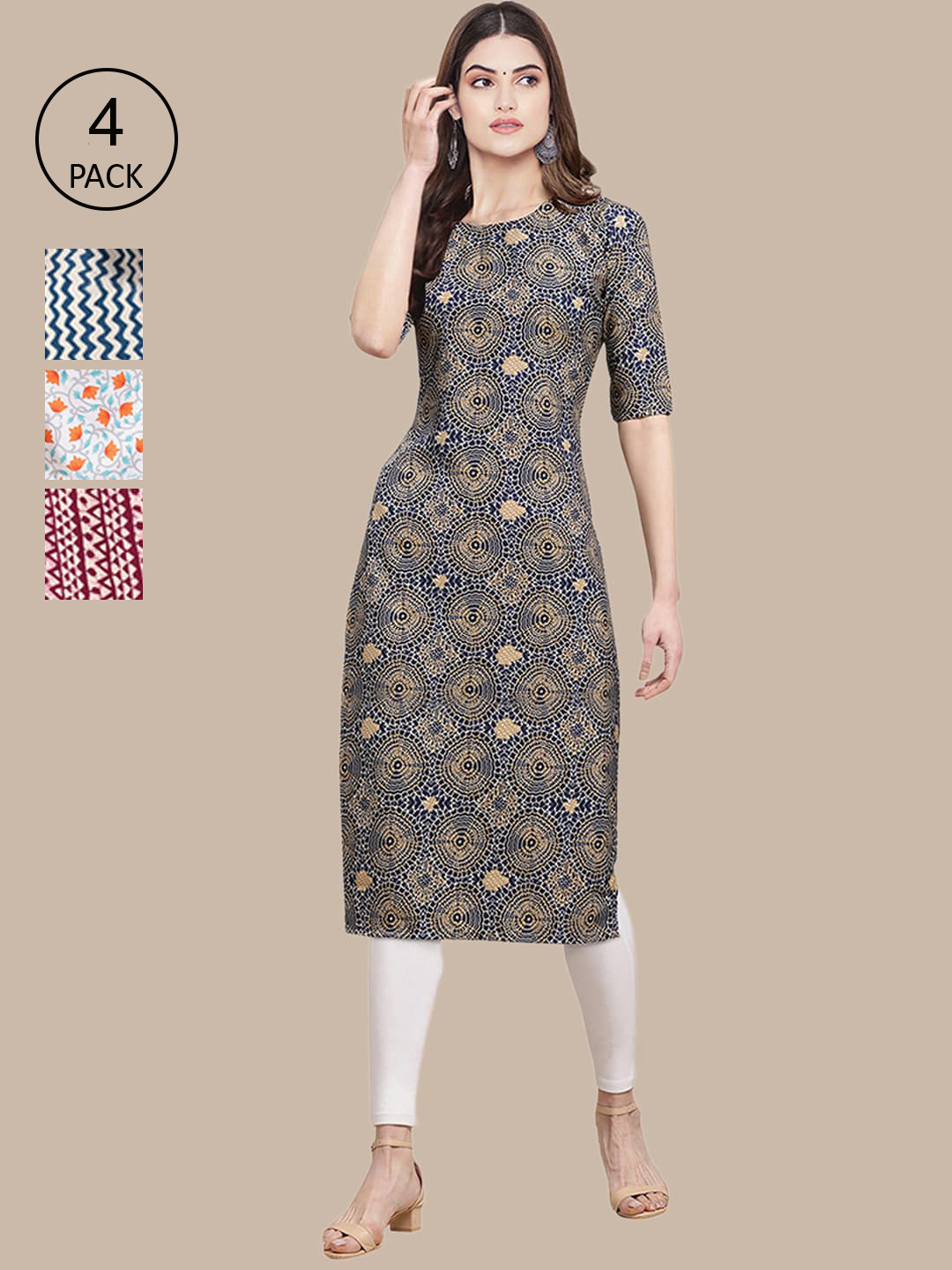 

Ethnic basket Women Pack of 4 Beige & Purple Geometric Block Print Crepe Kurta