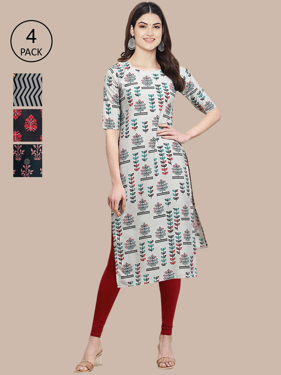 

Ethnic basket Women Pack of 4 Grey & Black Floral Crepe Kurta