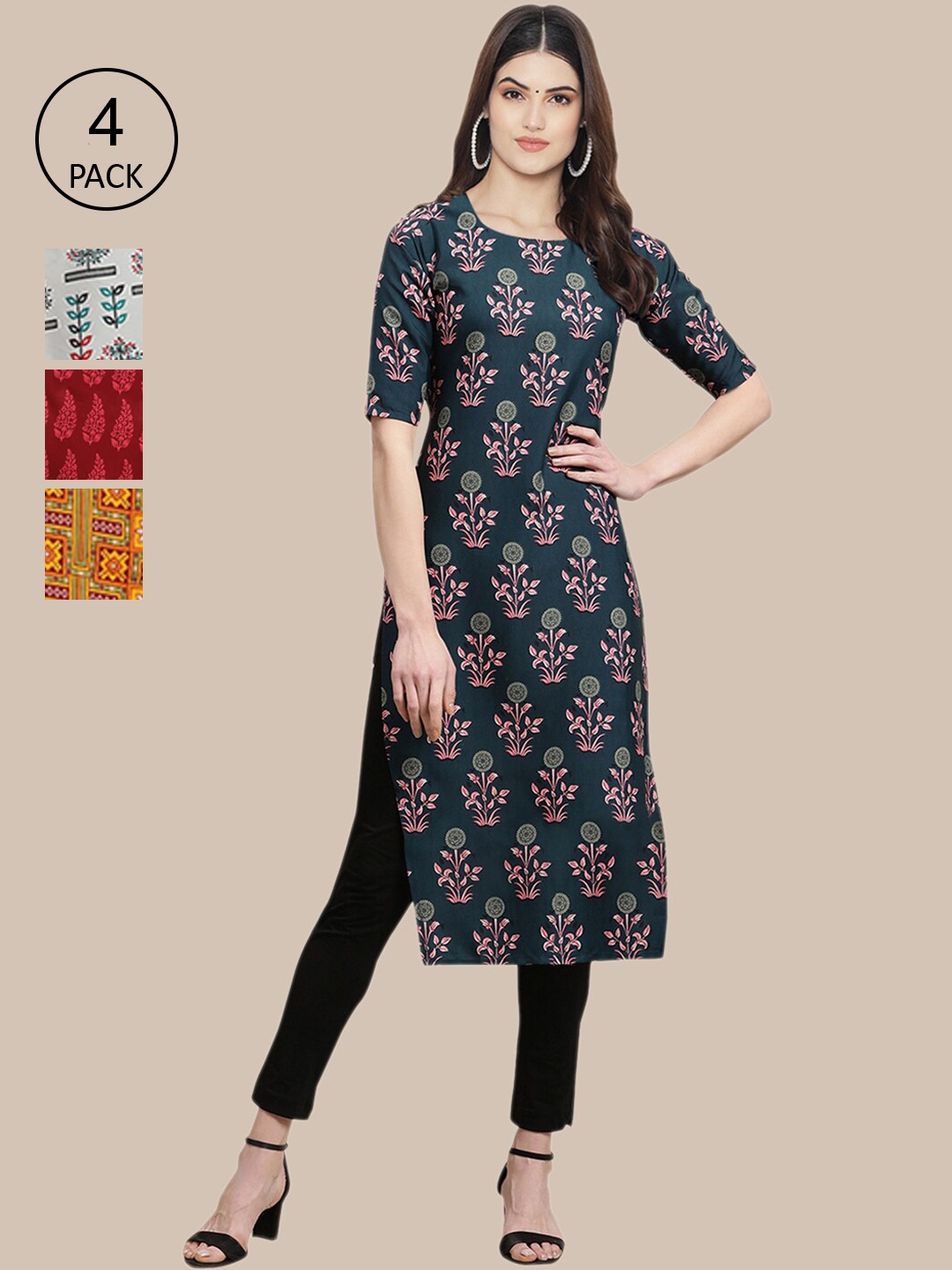 

Ethnic basket Women Pack of 4 Green & Red Ethnic Motifs Printed Crepe Kurta