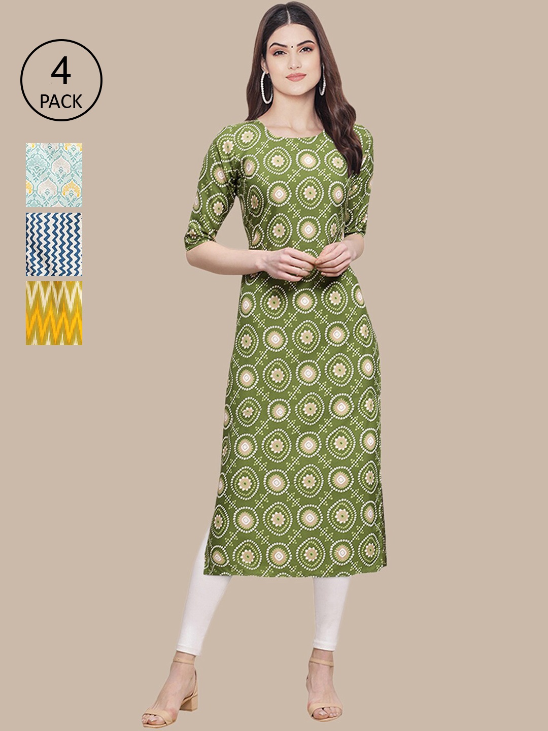 

Ethnic basket Women Pack of 4 Green & Mustard Yellow Geometric Printed Crepe Kurta