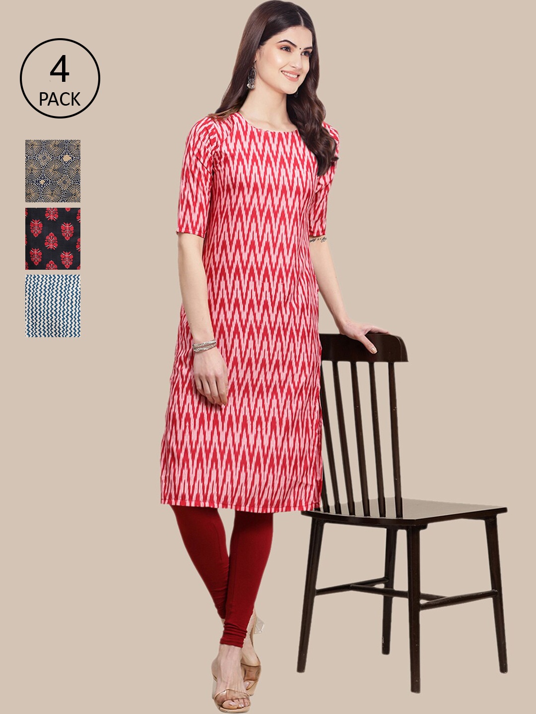 

Ethnic basket Women Pack of 4 Geometric Printed Crepe Kurta, Red