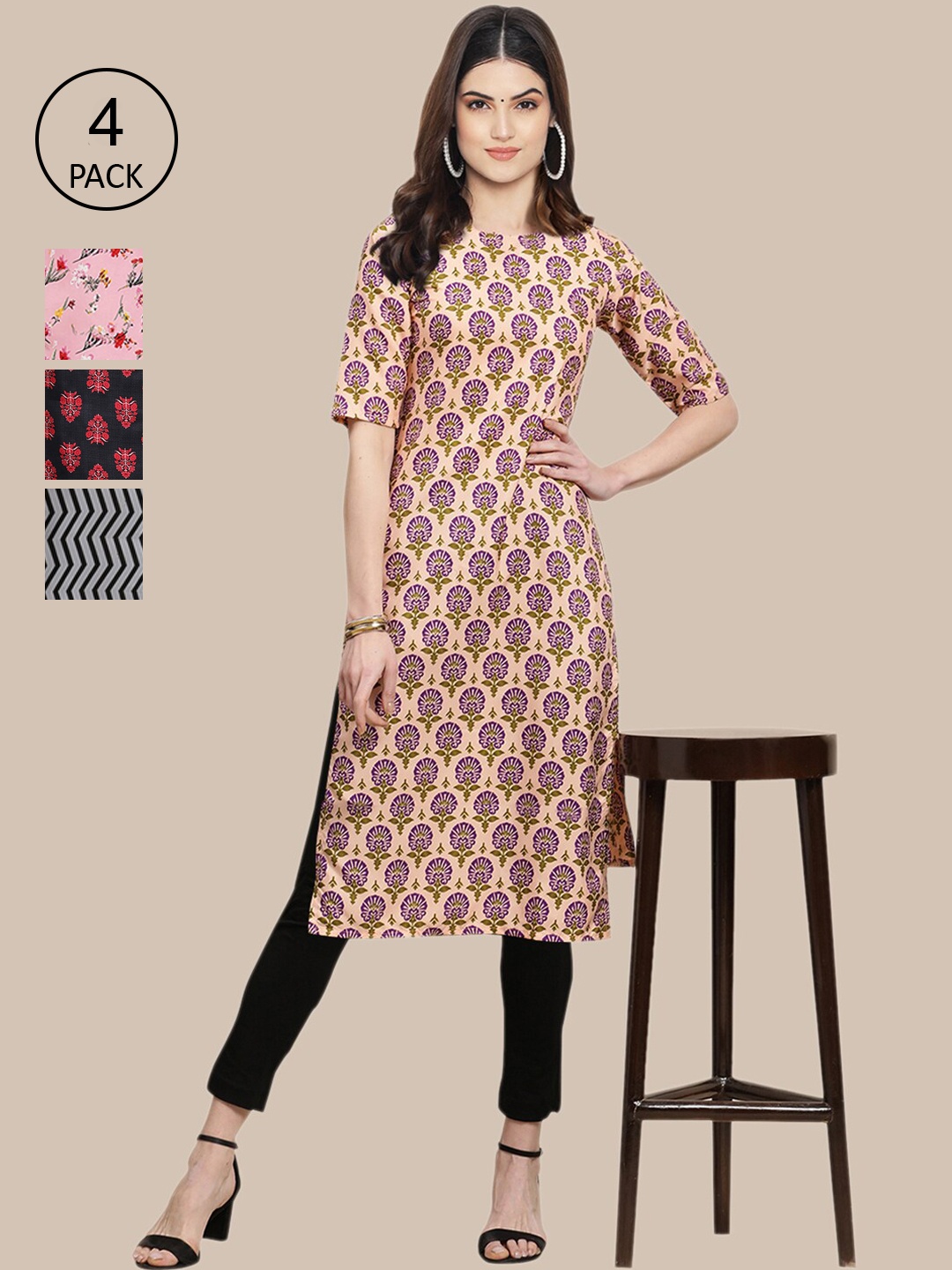 

Ethnic basket Women Pack of 4 Beige & Black Ethnic Motifs Block Printed Crepe Kurta