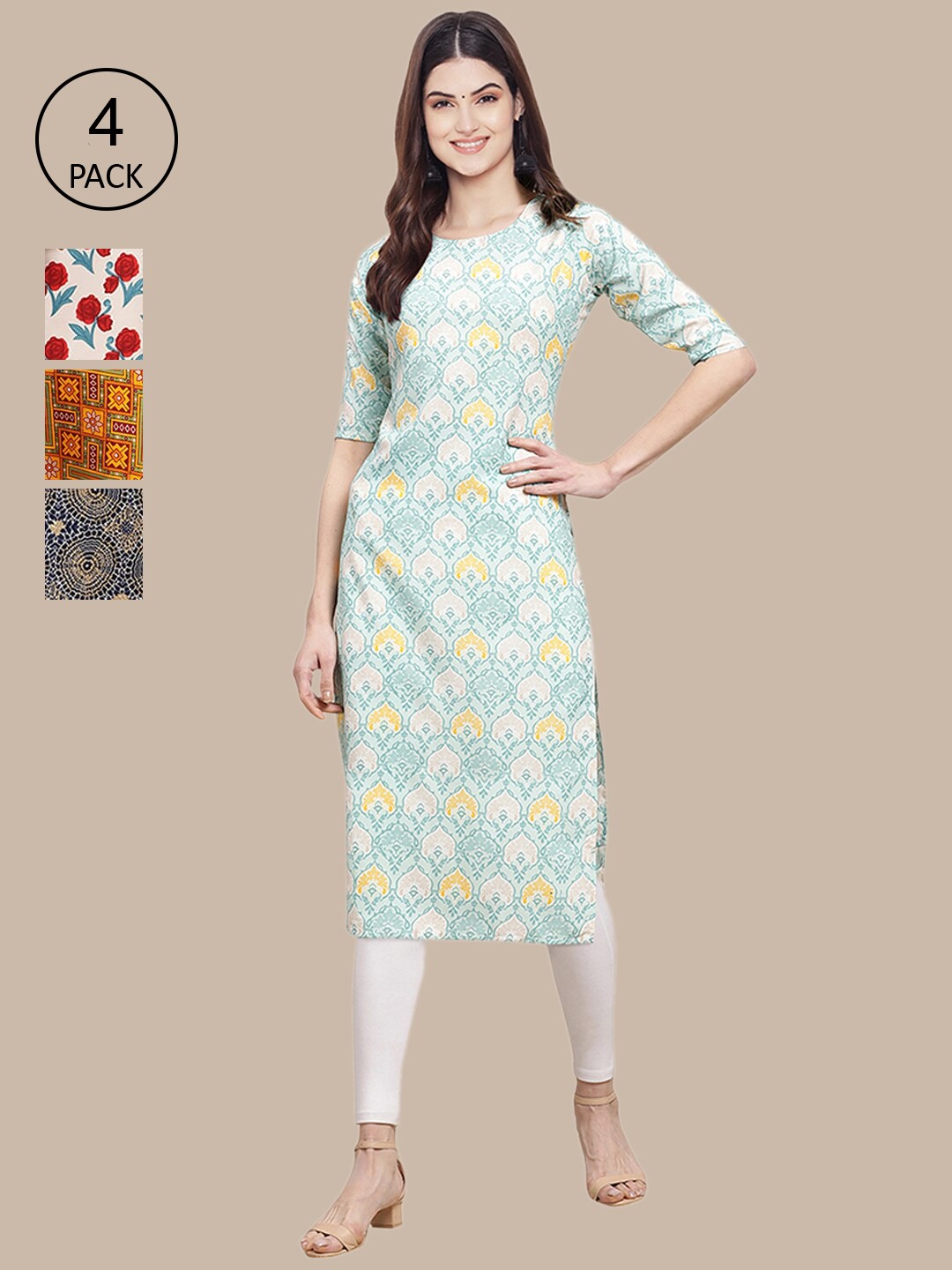 

Ethnic basket Women Pack of 4 Beige & Green Floral Printed Crepe Kurta