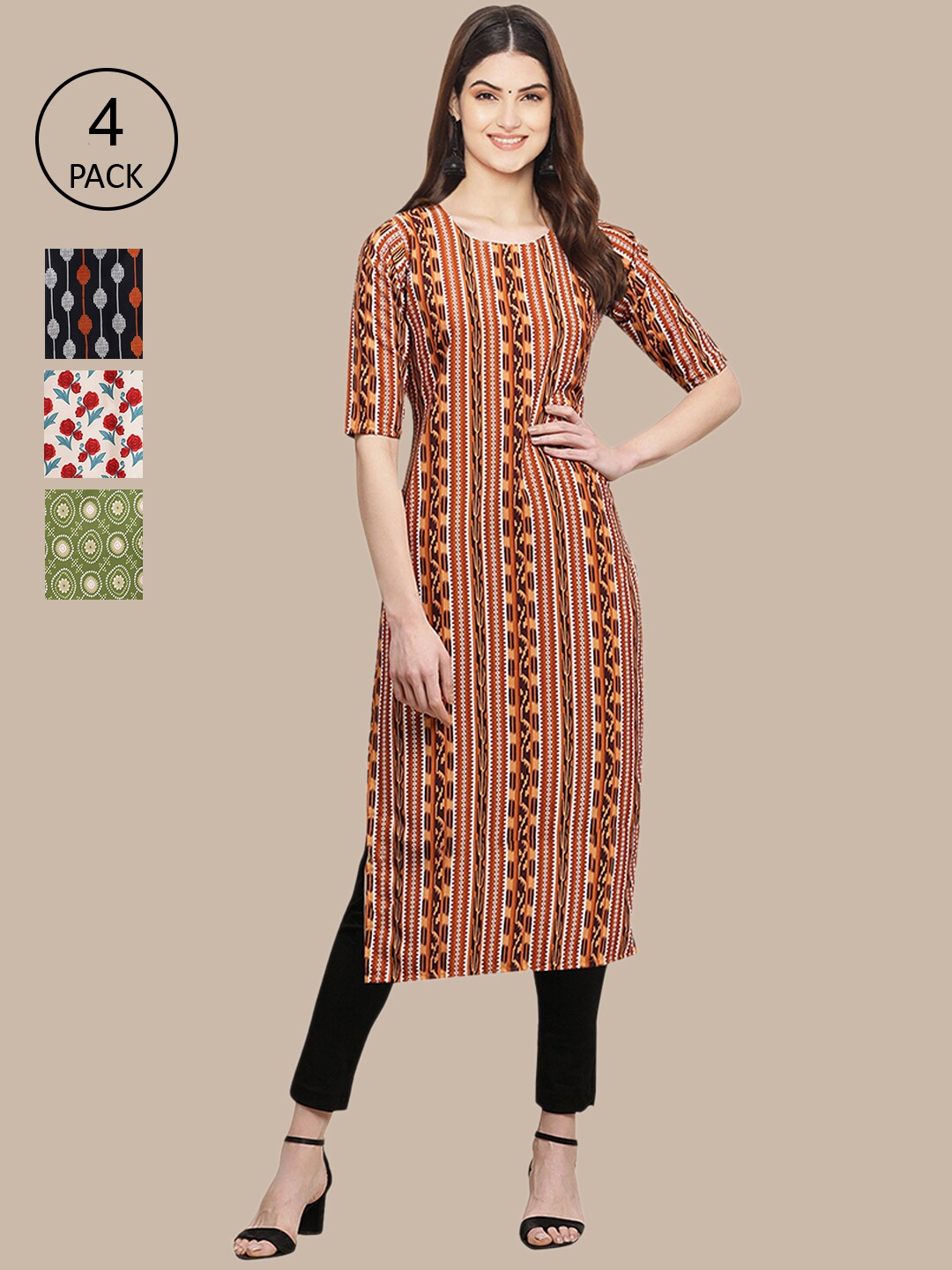 

Ethnic basket Women Pack of 4 Beige & Green Floral Printed Crepe Kurta